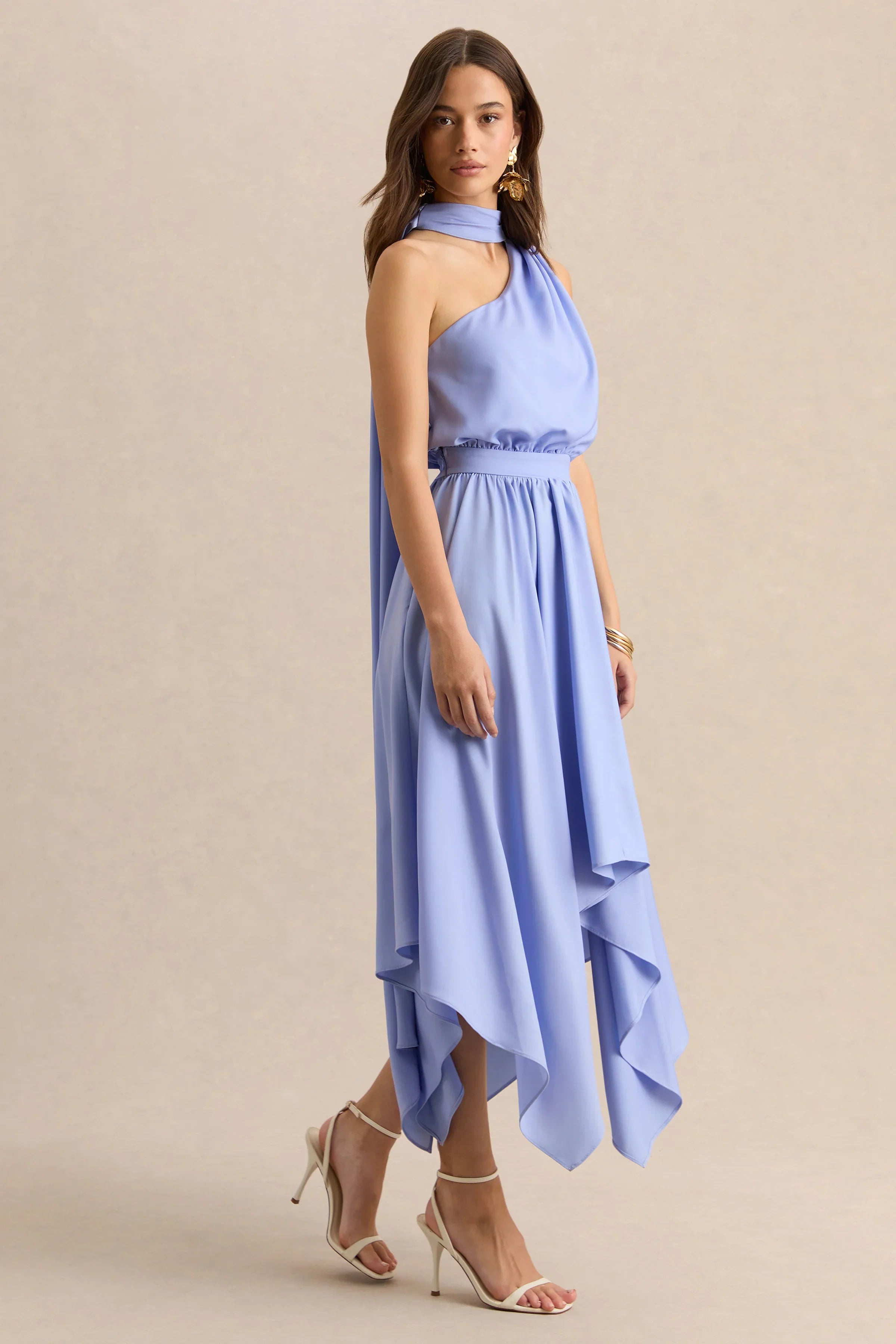 Caluna Powder Blue Satin Asymmetric Neck Midi Dress With Scarf Detail