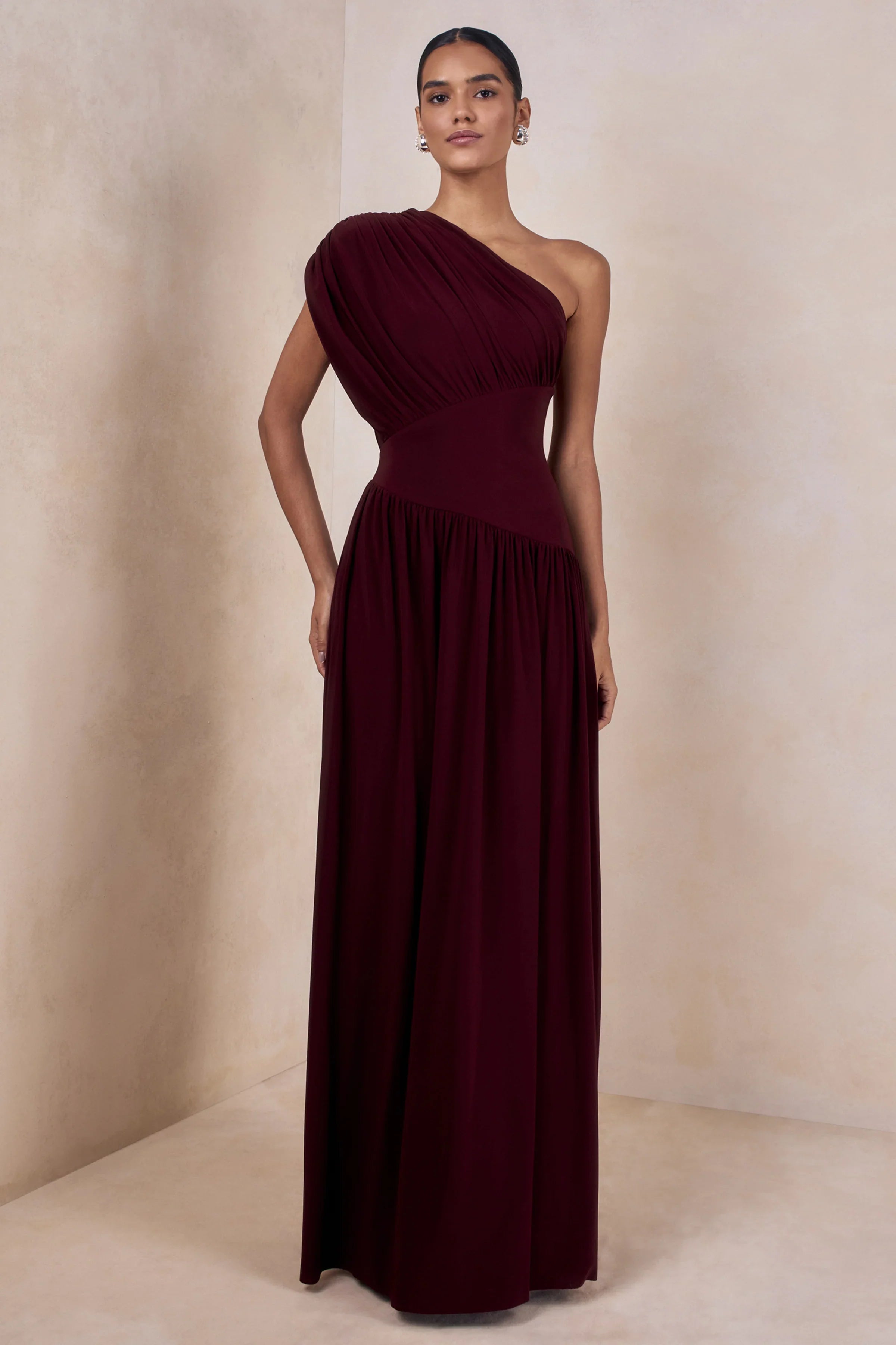 Kelsey Burgundy Asymmetric Neck Maxi Dress With Ruched Detailing