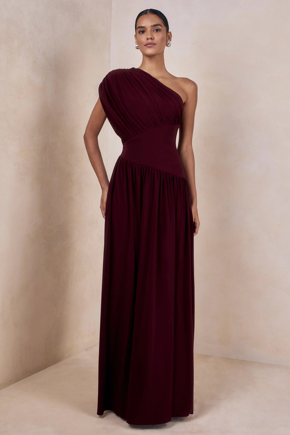 Kelsey Burgundy Asymmetric Neck Maxi Dress With Ruched Detailing