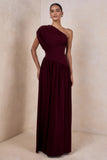 Kelsey Burgundy Asymmetric Neck Maxi Dress With Ruched Detailing