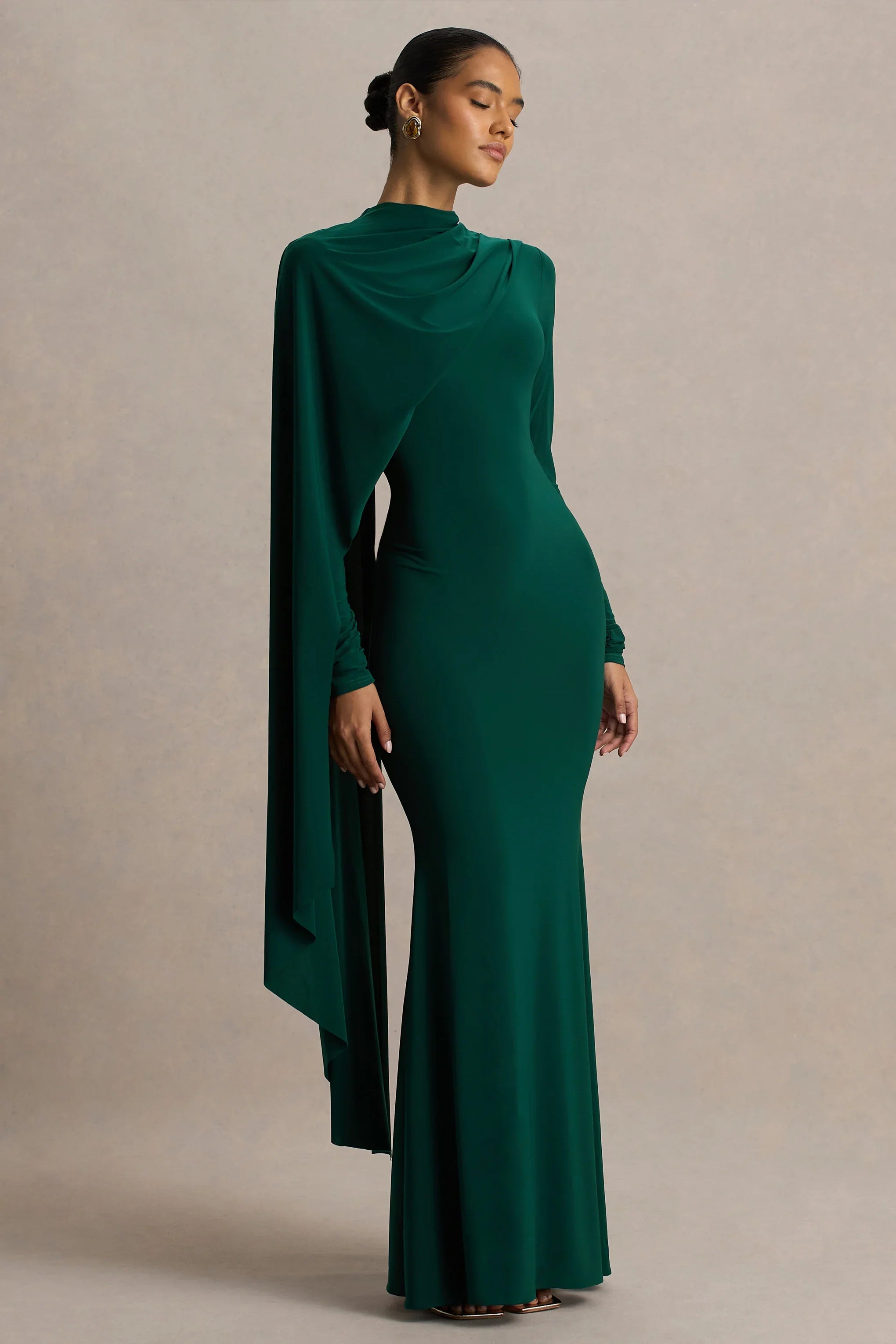Always Bottle Green High Neck Maxi Dress With Cape Sleeve Detail