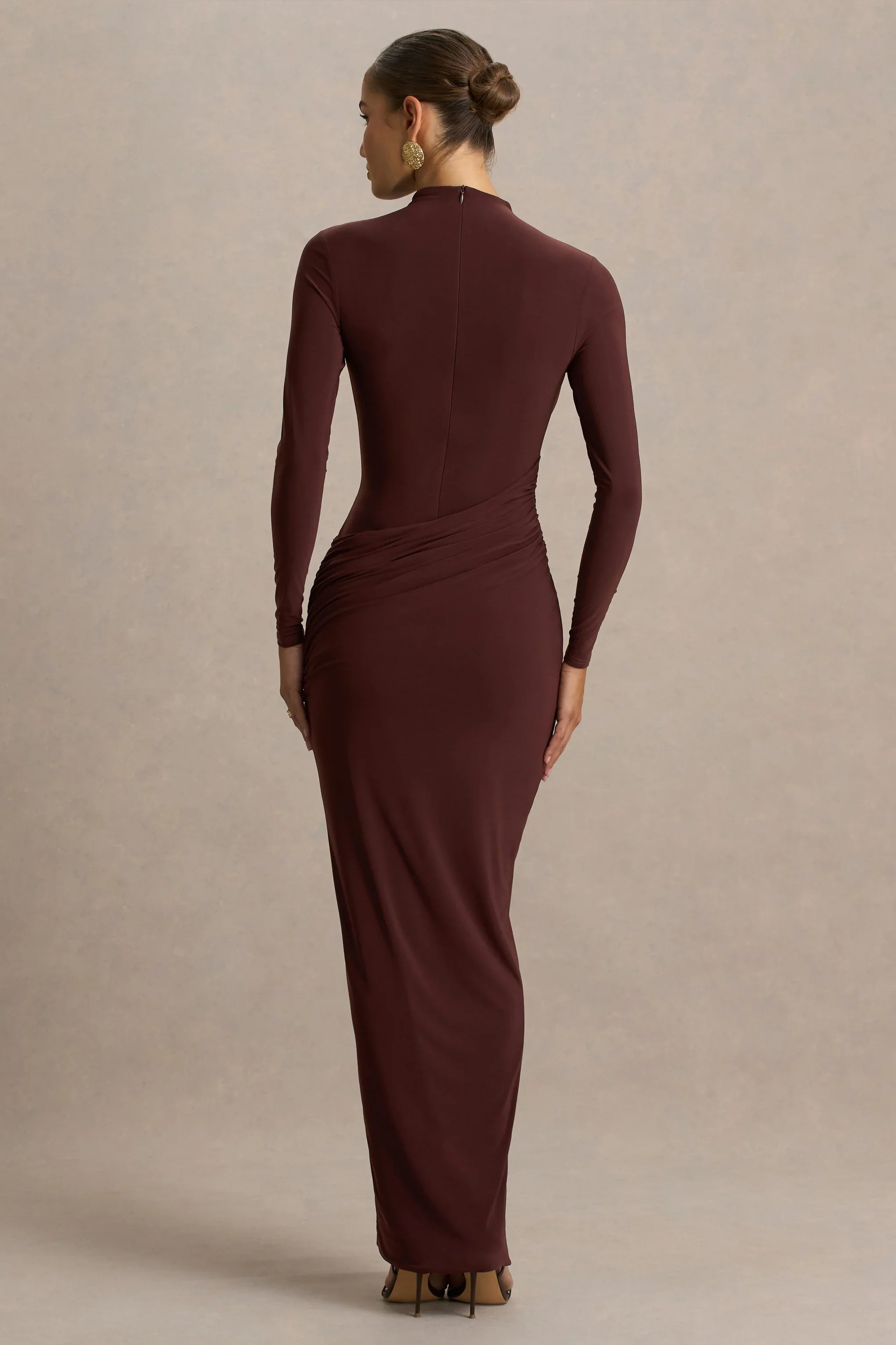 Zephyra Brown High Neck Wrapped Maxi Dress