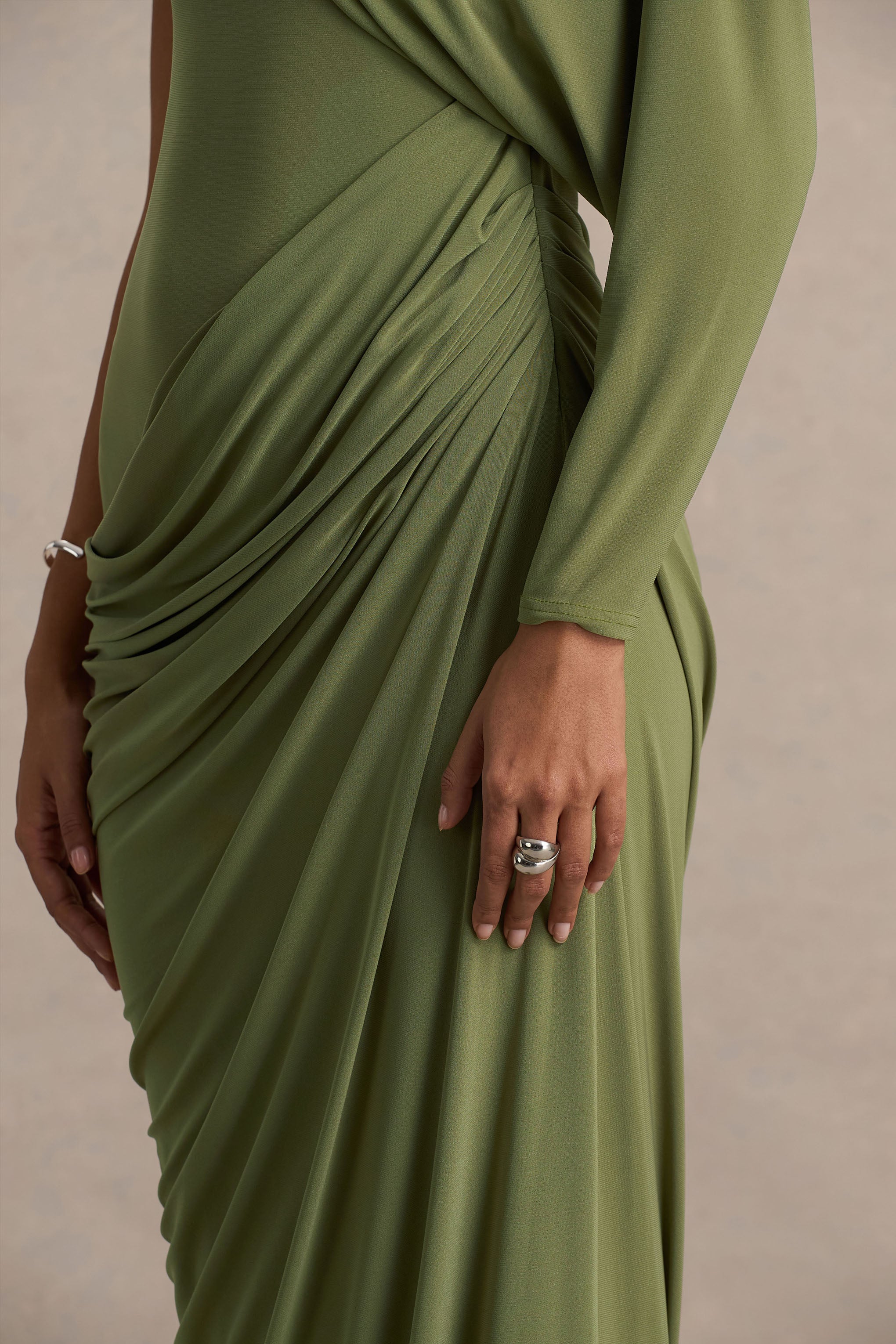 Aphra Green High Neck Maxi Dress With Cape Sleeve