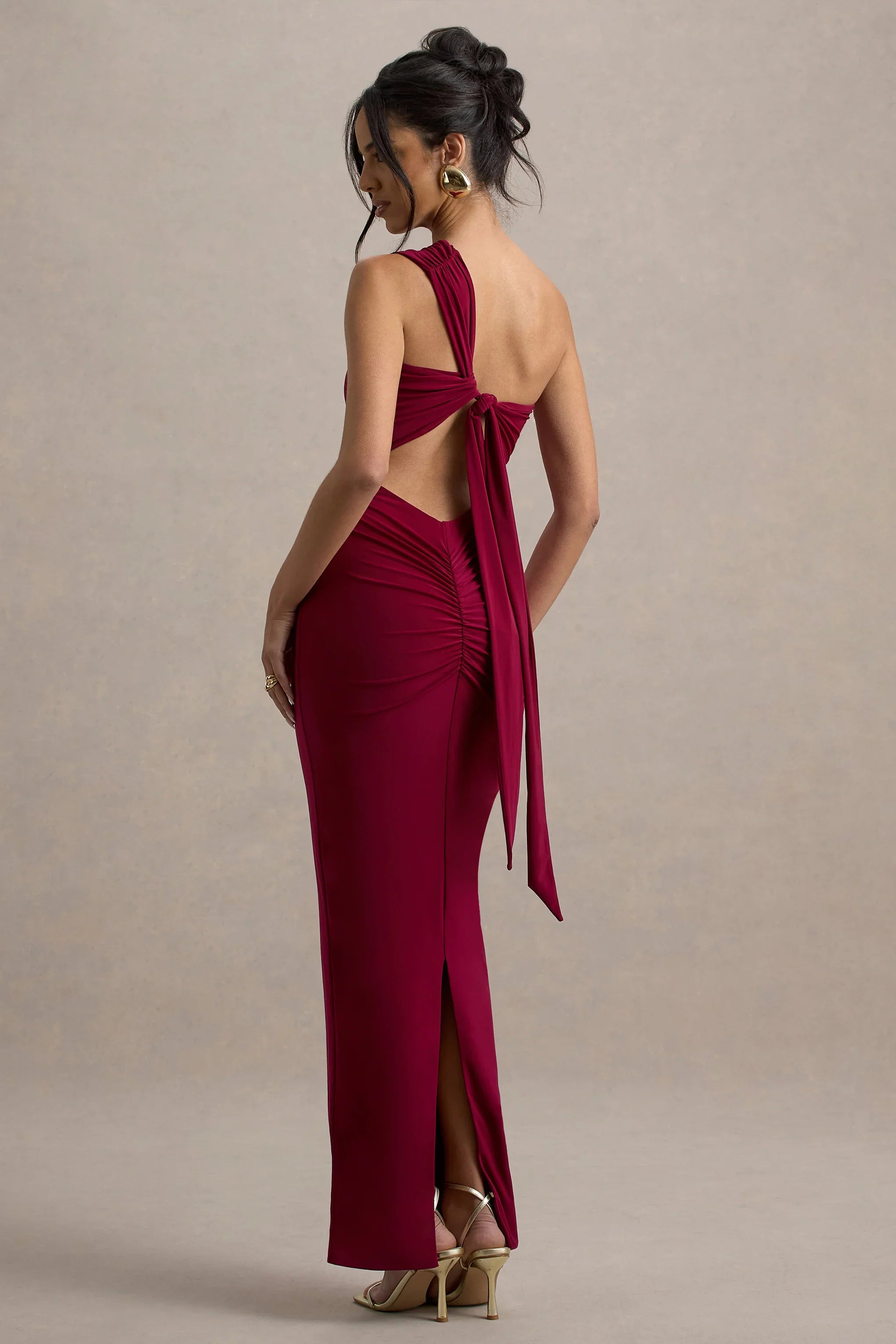 Venetia Burgundy One Shoulder Tie Back Maxi Dress