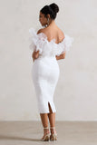 Ladylike White Ruched Bardot Midi Dress With Organza Trim