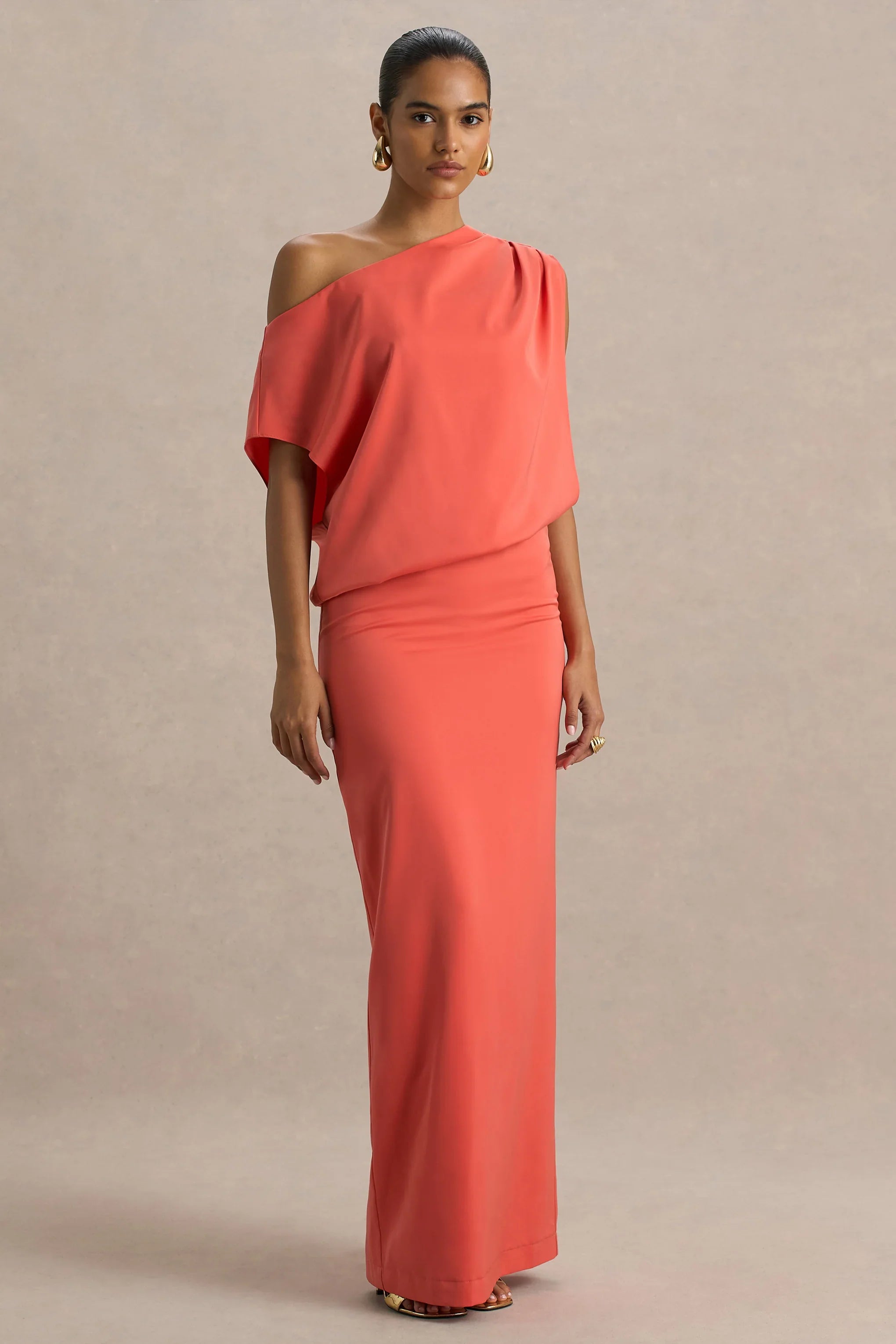 Ronnie Coral Satin Asymmetric Neck Maxi Dress With Draping Detail