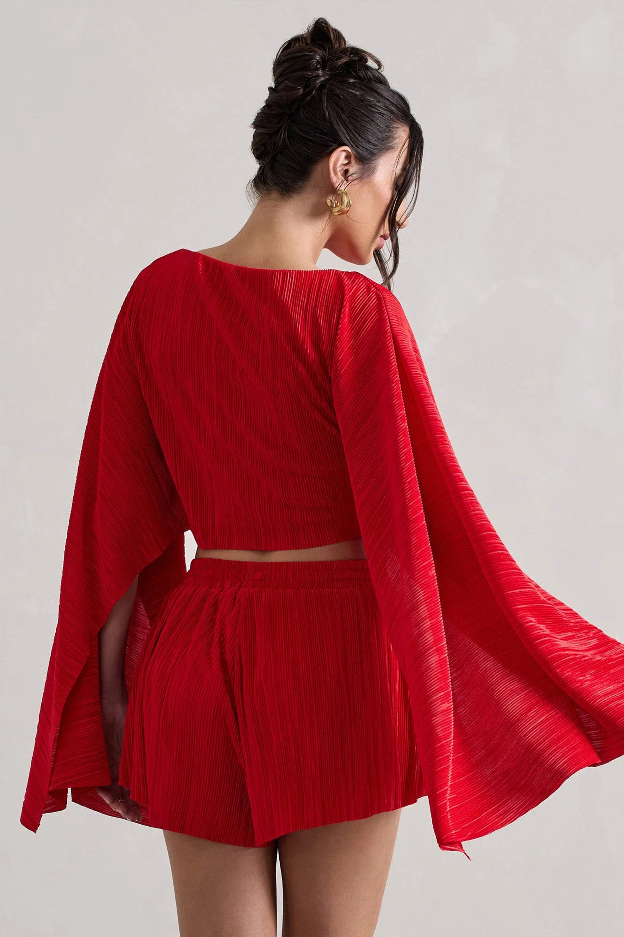 Flare Red Plisse Cape Sleeve Crop Top