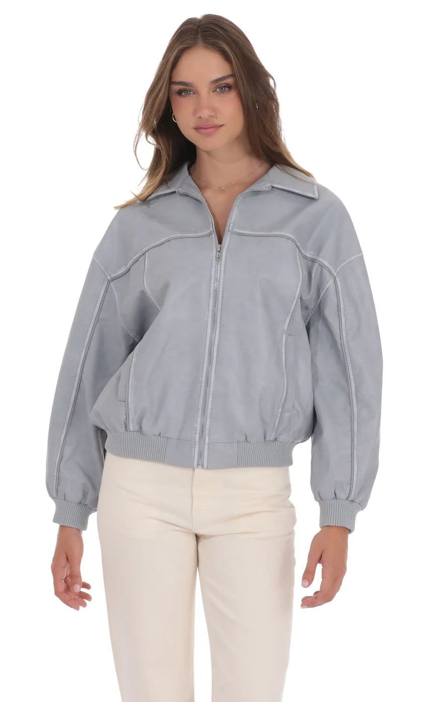 Faux Leather Bomber in Ash Blue