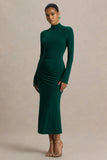 Cassandra Bottle Green High Neck Long Sleeve Midi Dress