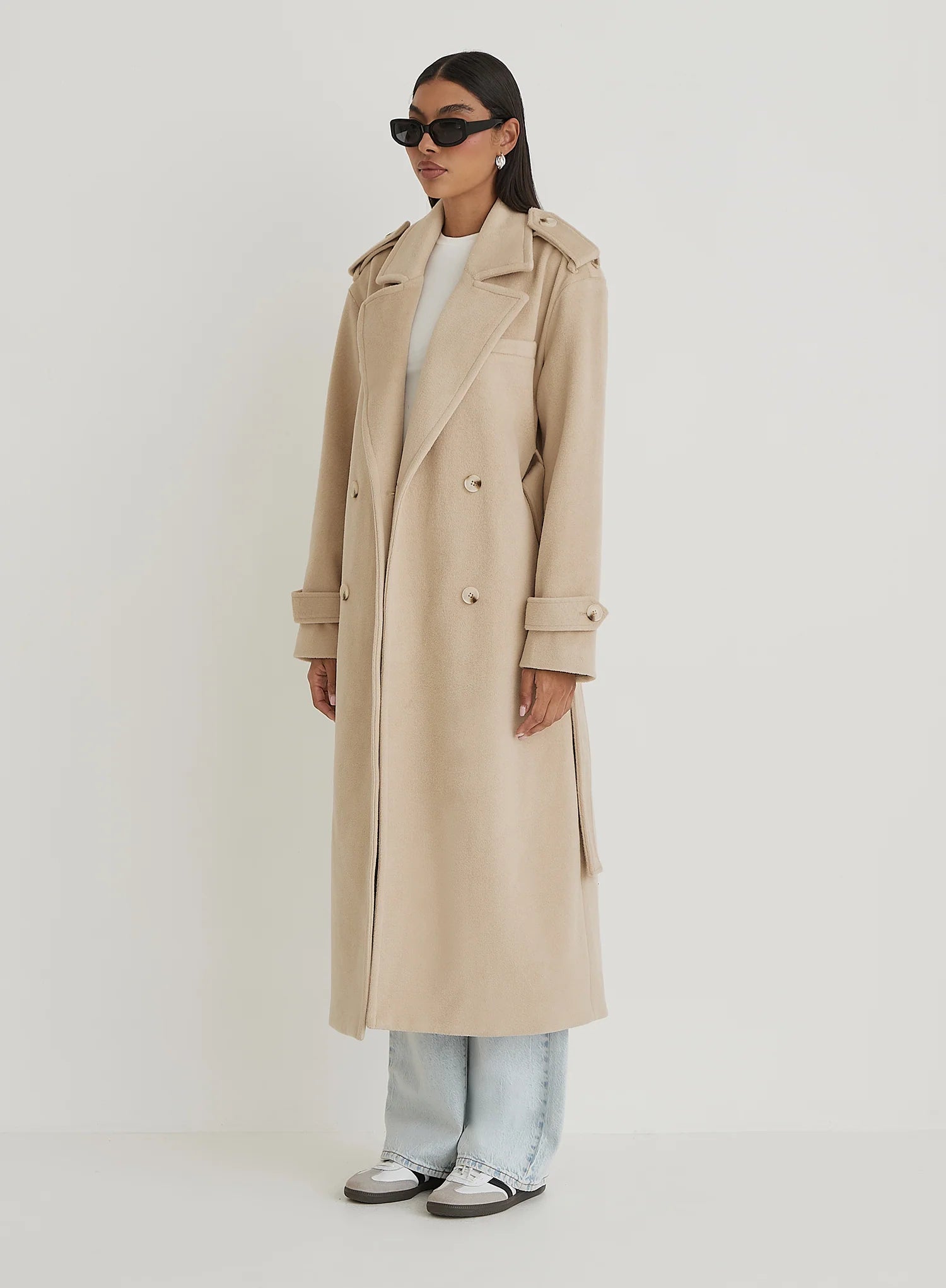 Beige Tailored Belted Longline Trench Coat