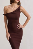 Salome Chocolate Brown Twisted Asymmetric Midi Dress