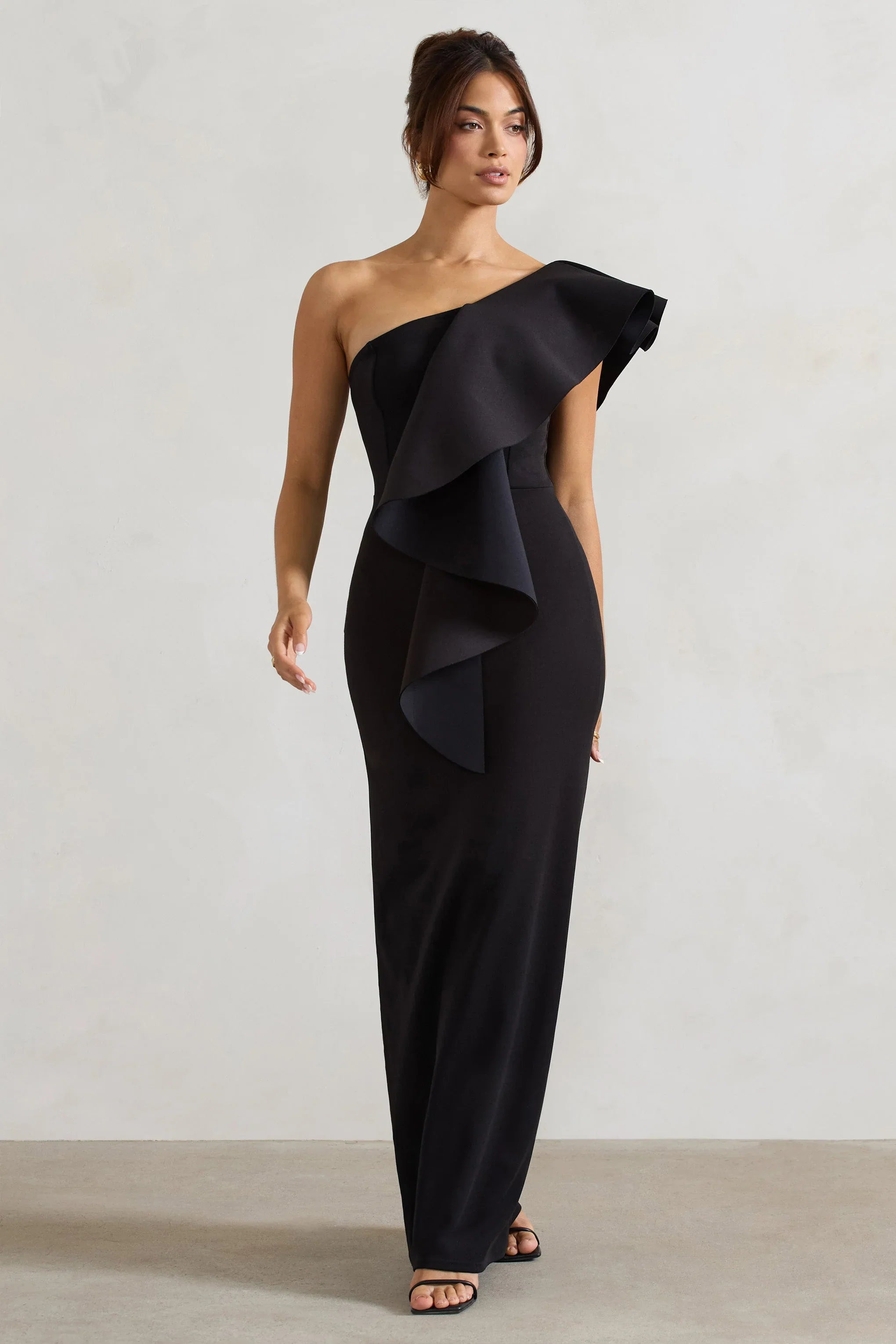 Timeless Love Black Asymmetric Draped Ruffle Maxi Dress