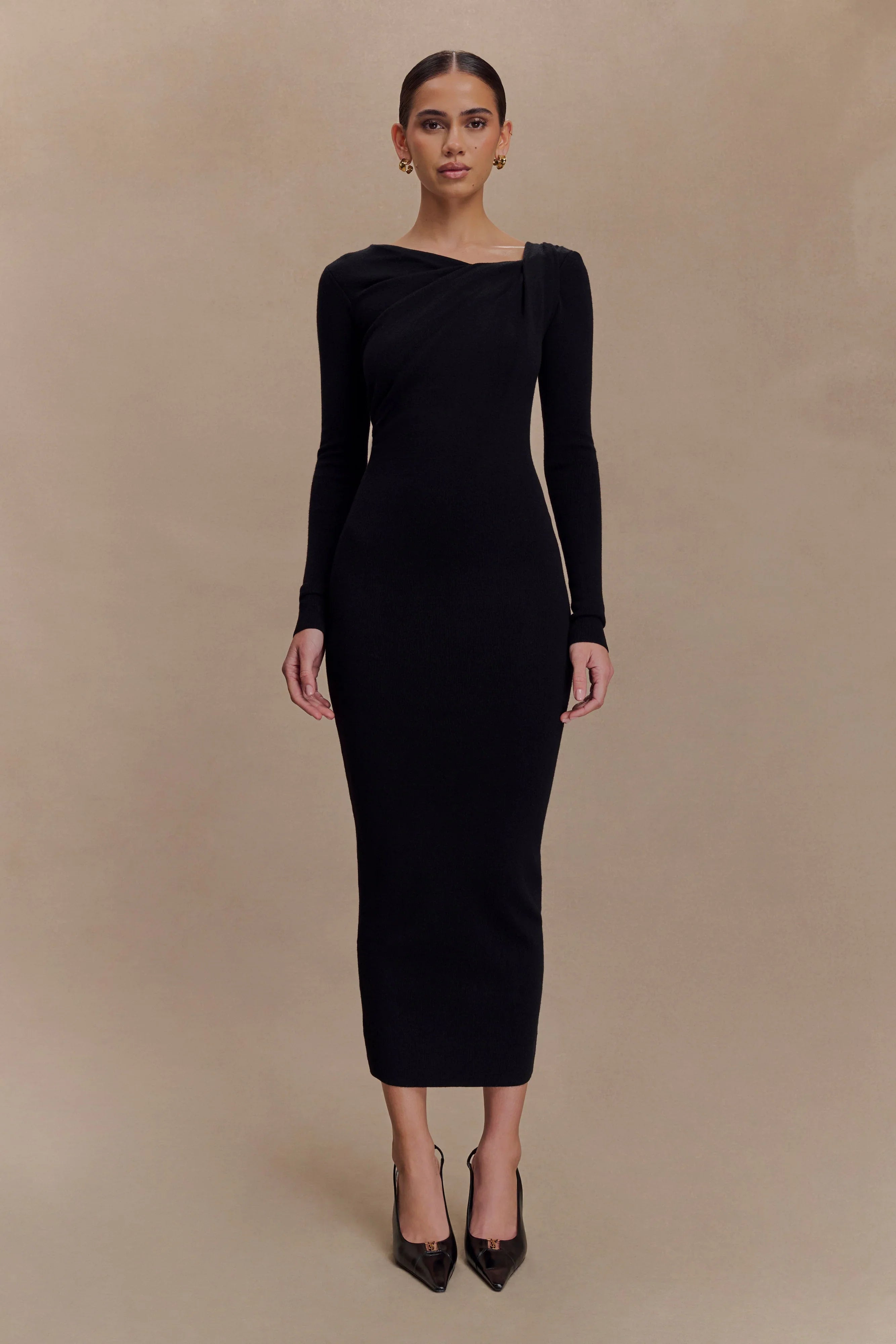 Culver Draped Twist Knit Midi Dress Black