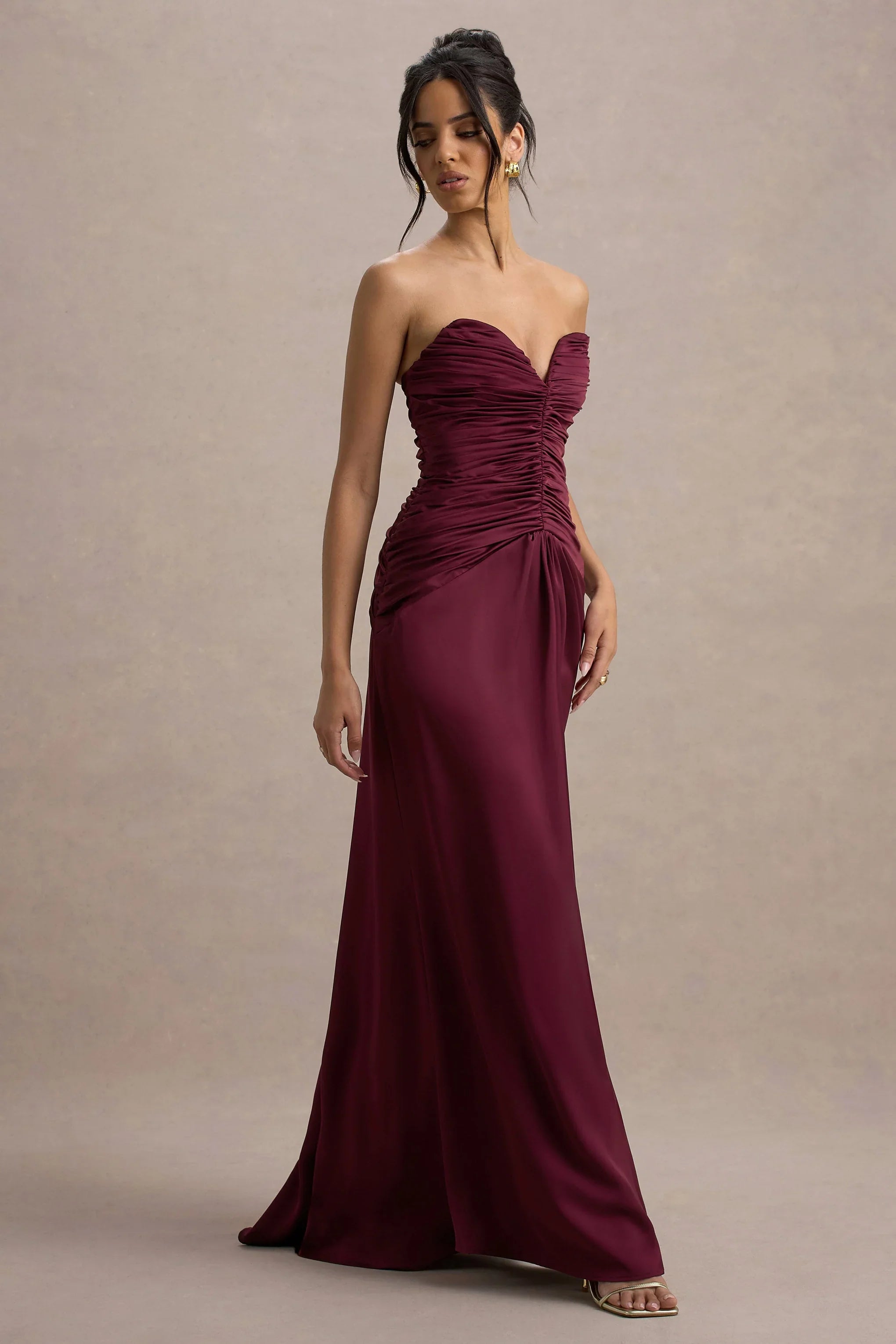 Desirie Plum Satin Sweetheart Gathered Maxi Dress