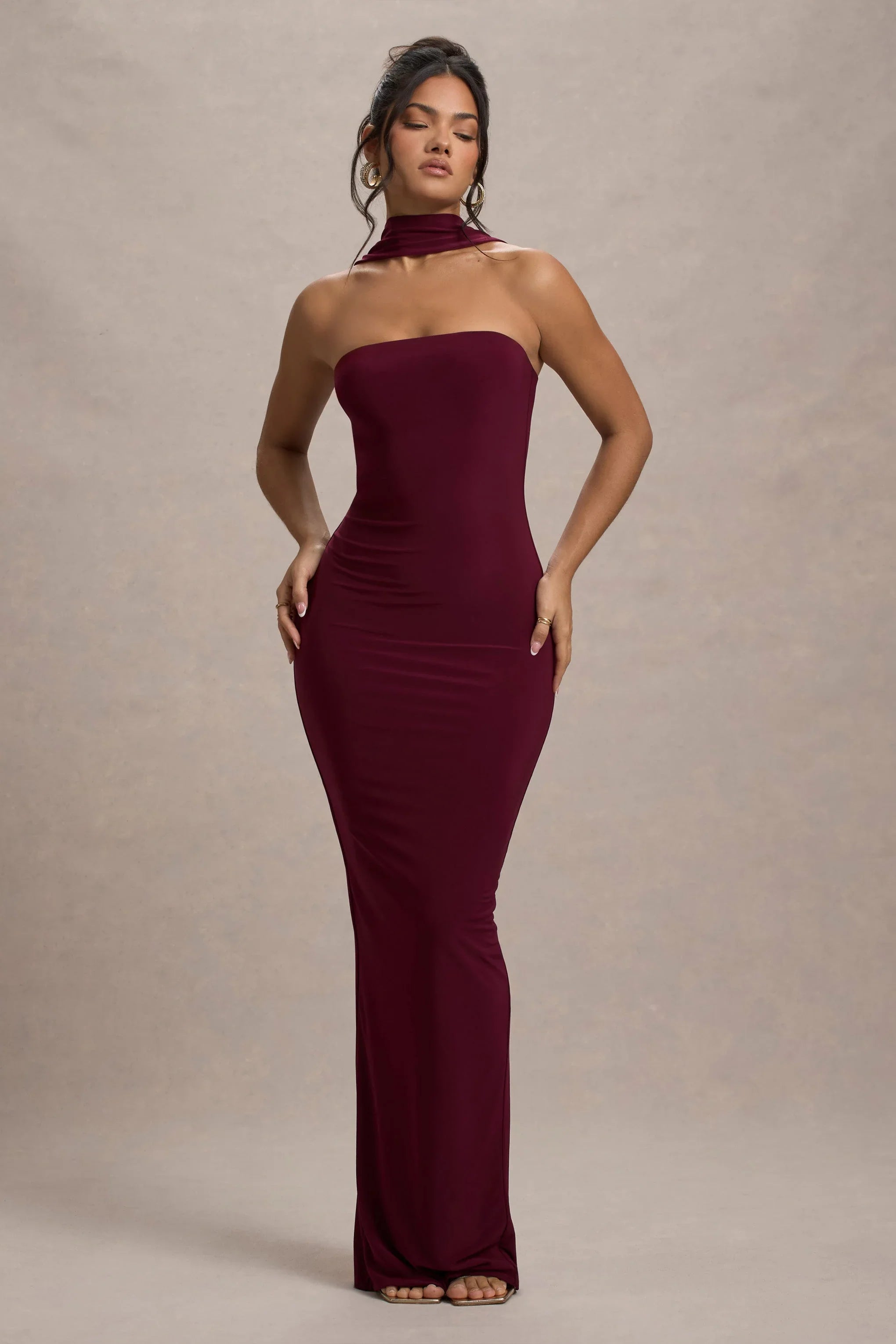Nobu Burgundy Bandeau Maxi Dress With Halter Collar
