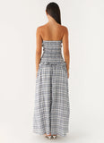 Malia Shirred Maxi Dress Blue Grey Check