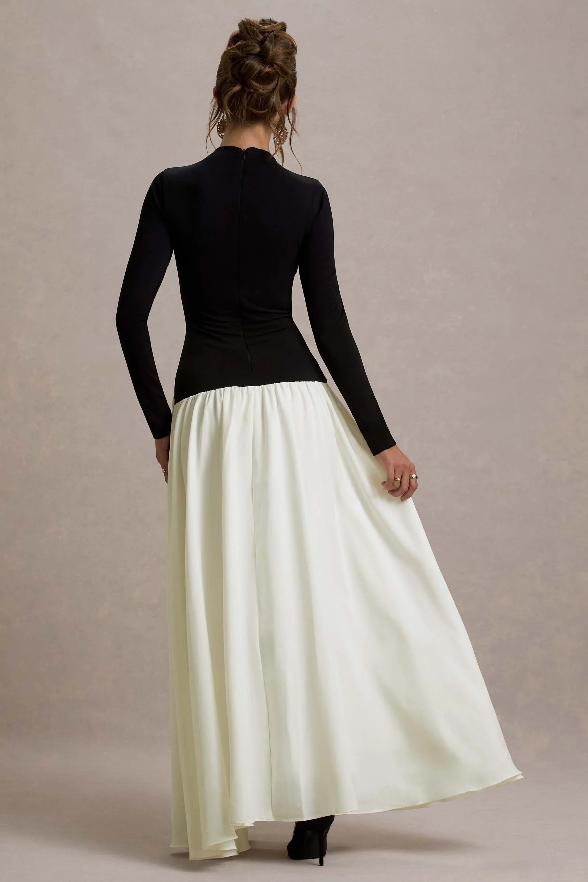 Benedetta Black Cream Long Sleeve Drop Waist Maxi Dress