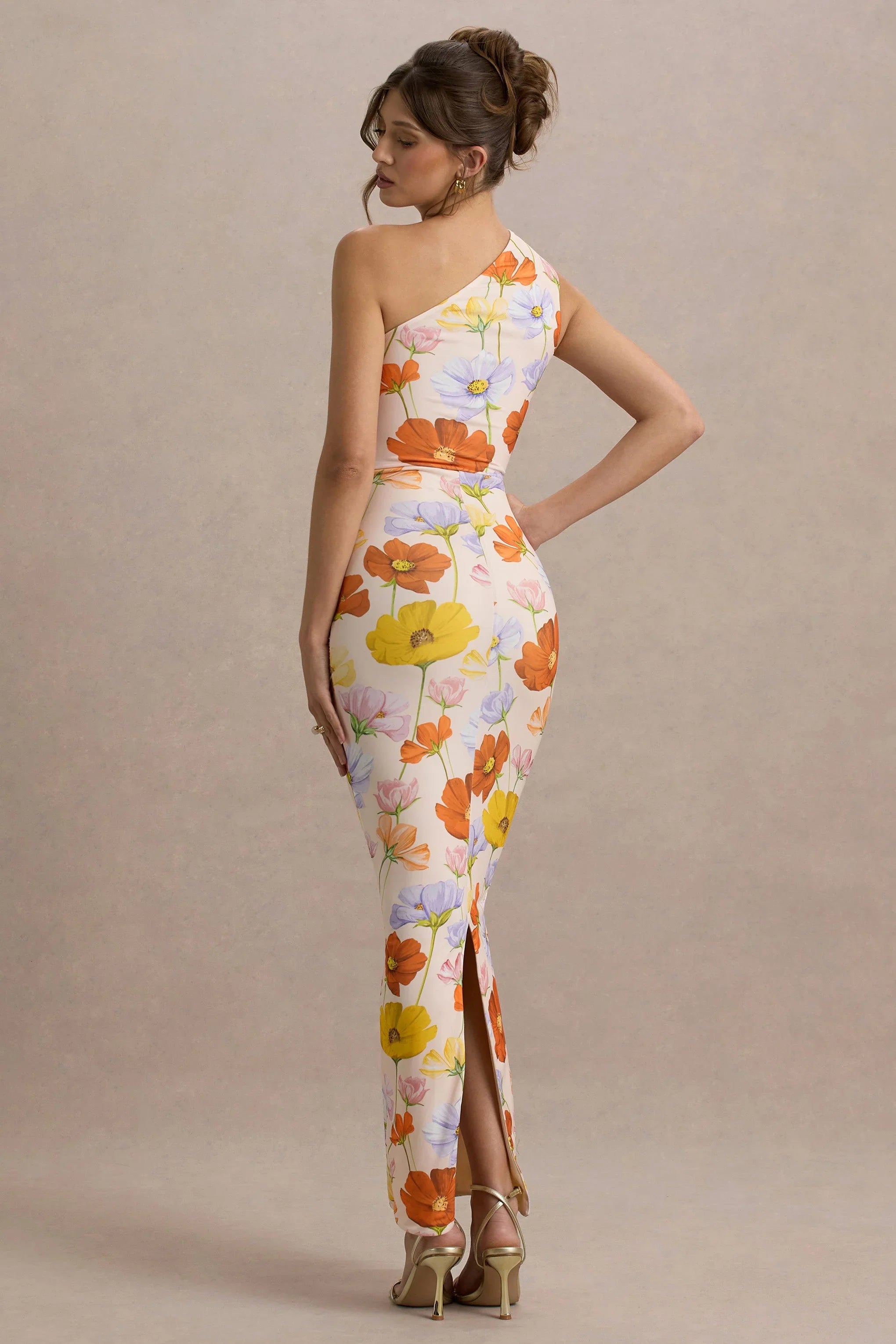 Dalarie Bright Floral Print One Shoulder Gathered Maxi Dress