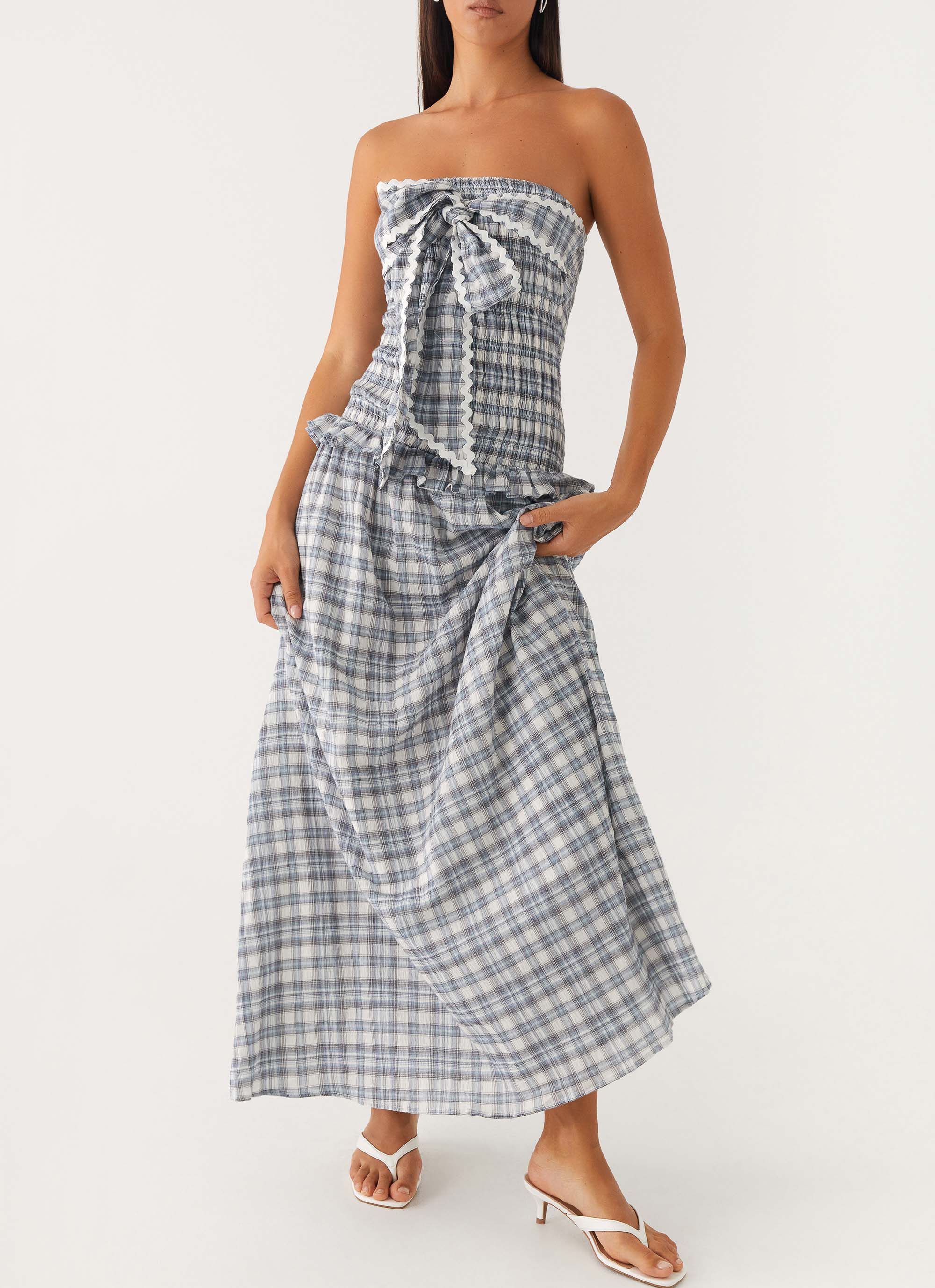 Malia Shirred Maxi Dress Blue Grey Check