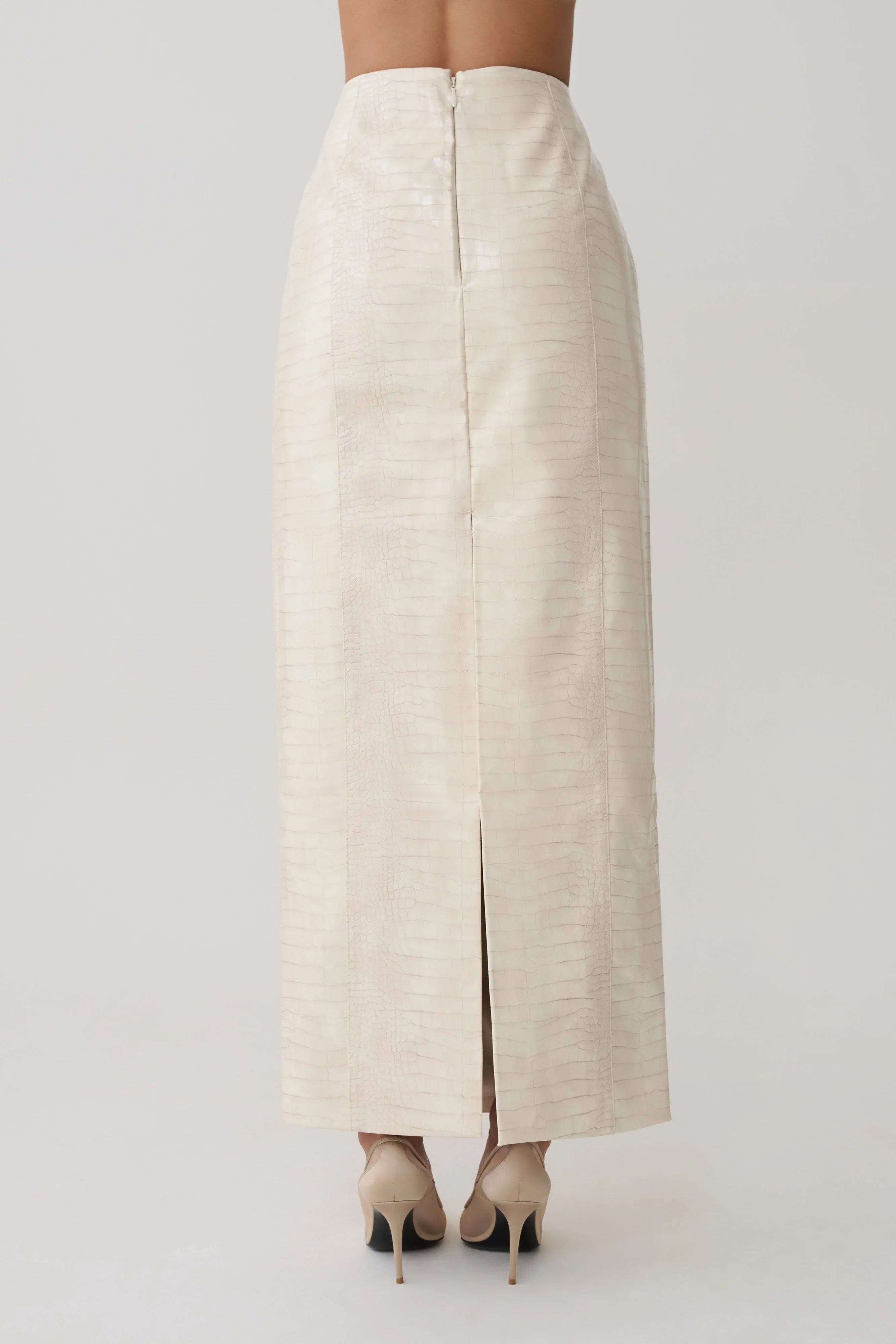 Thalia Croc Faux Leather Midi Skirt Ivory