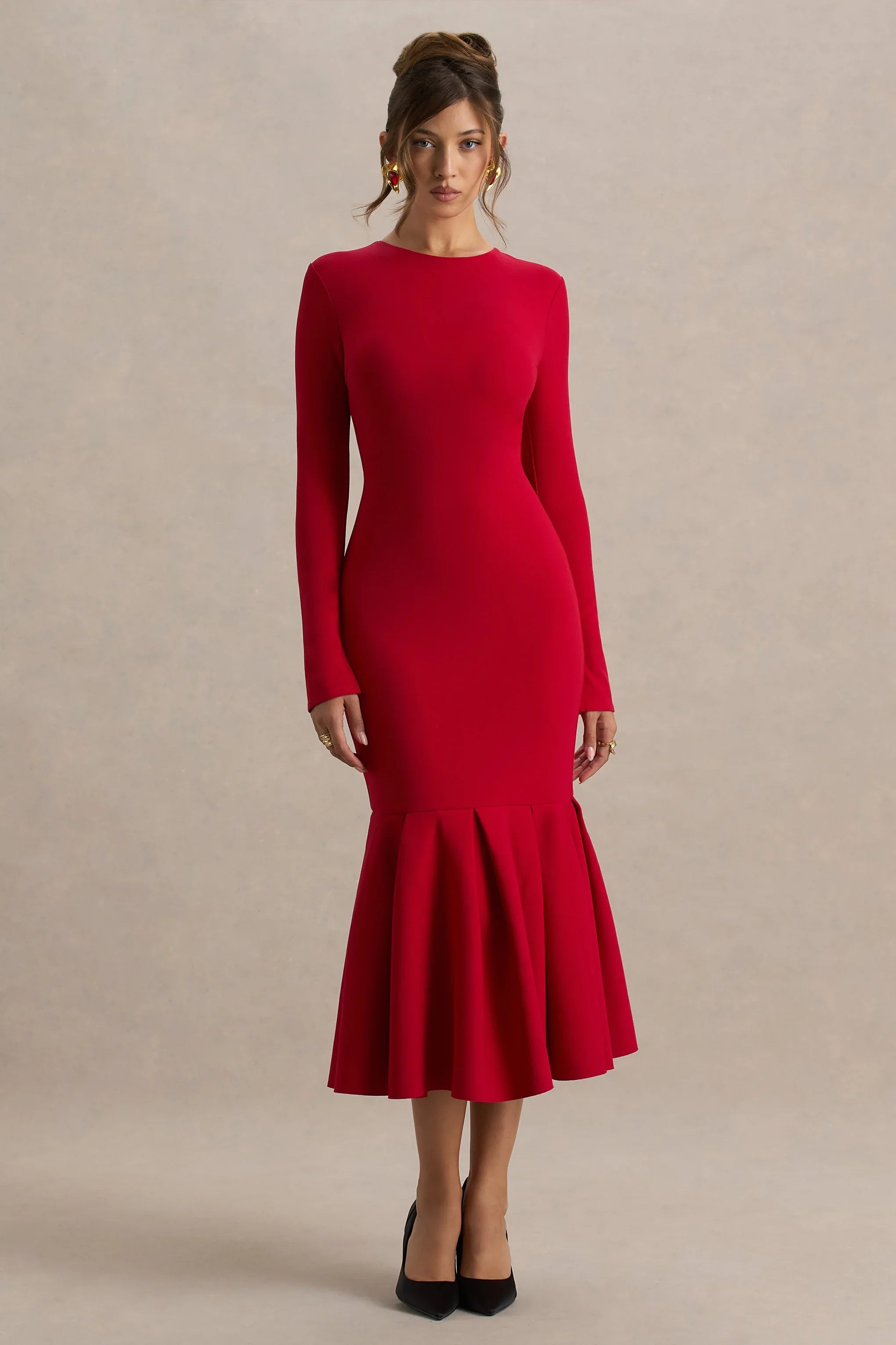 Liberty Red High Neck Mermaid Midi Dress With Ruffling Detail