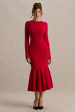 Liberty Red High Neck Mermaid Midi Dress With Ruffling Detail