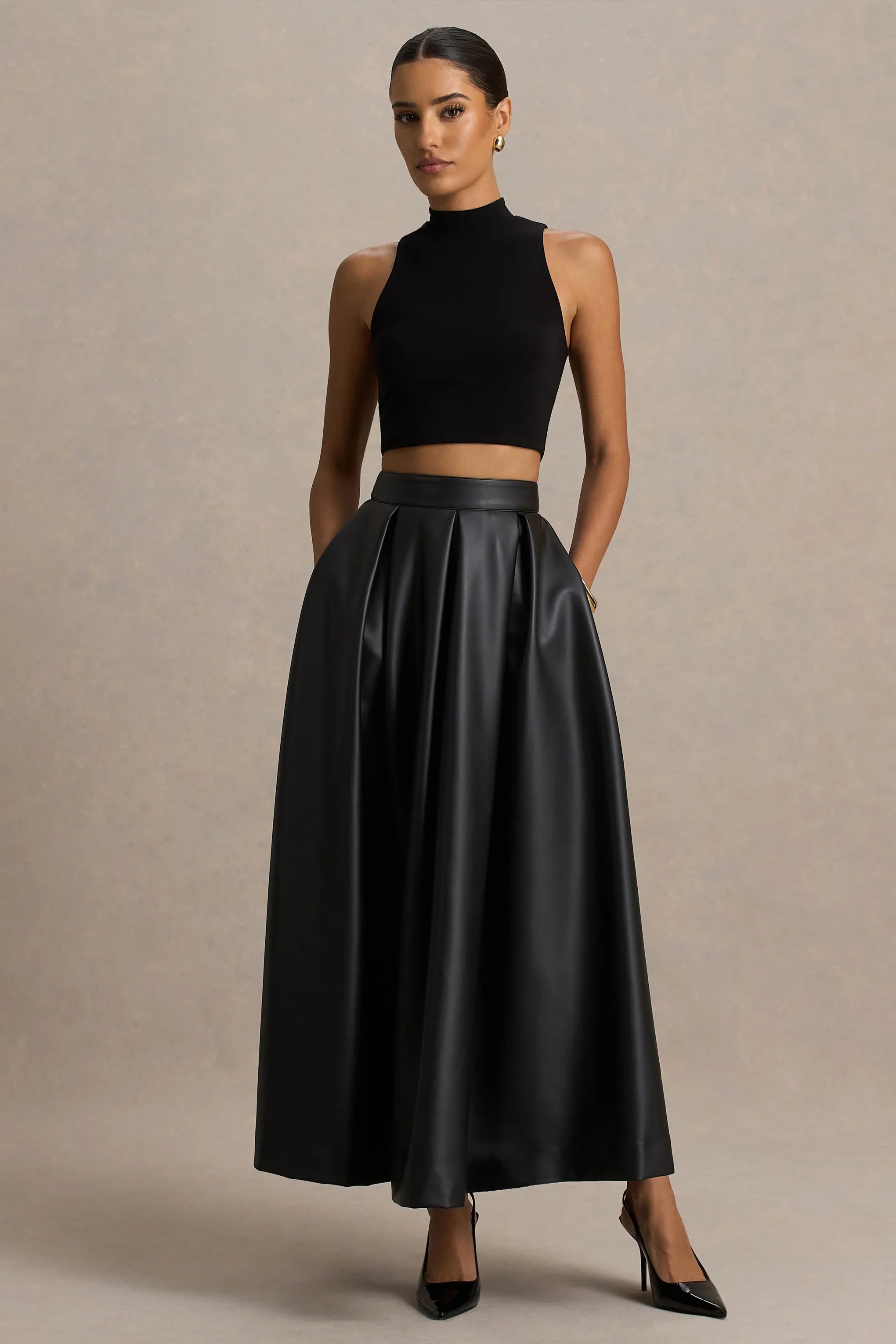 Noa Black Faux Leather A Line Midi Skirt