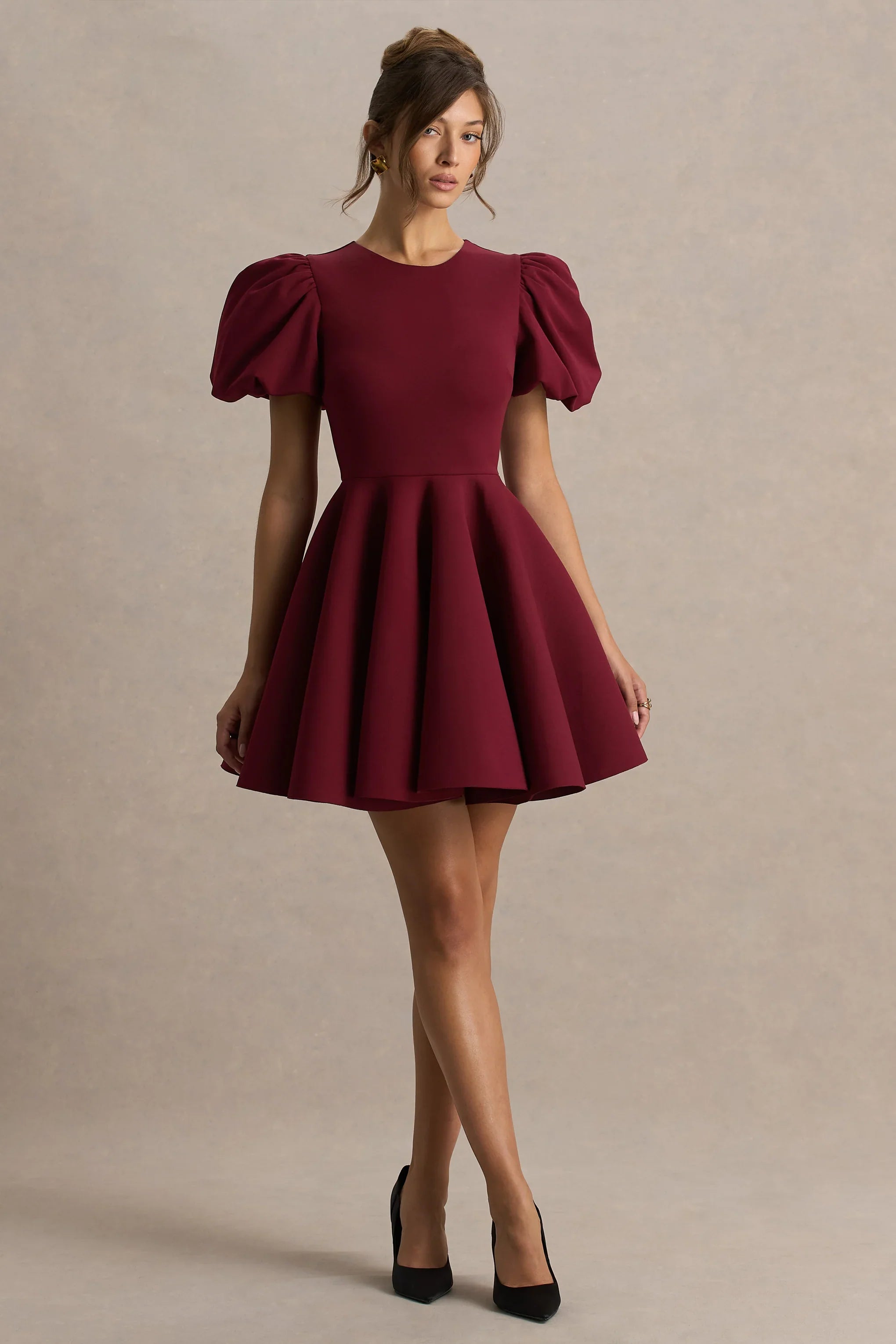 Emelia Burgundy Puff Sleeve Skater Mini Dress