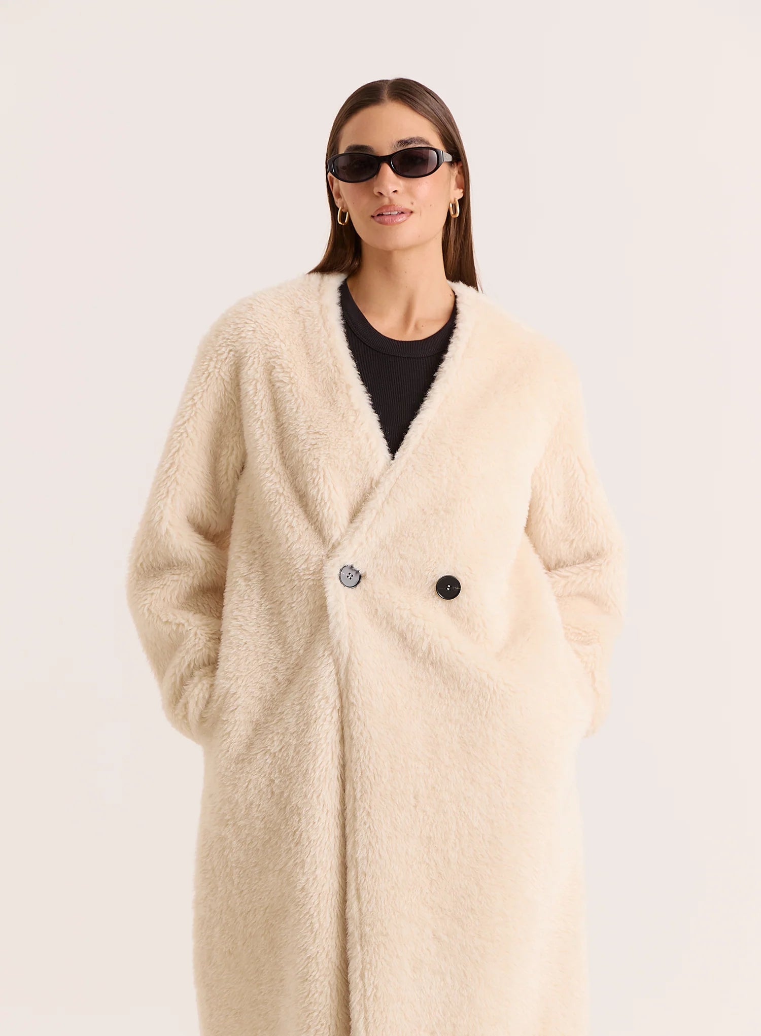 Cream Shearling Longline Buttoned Coat