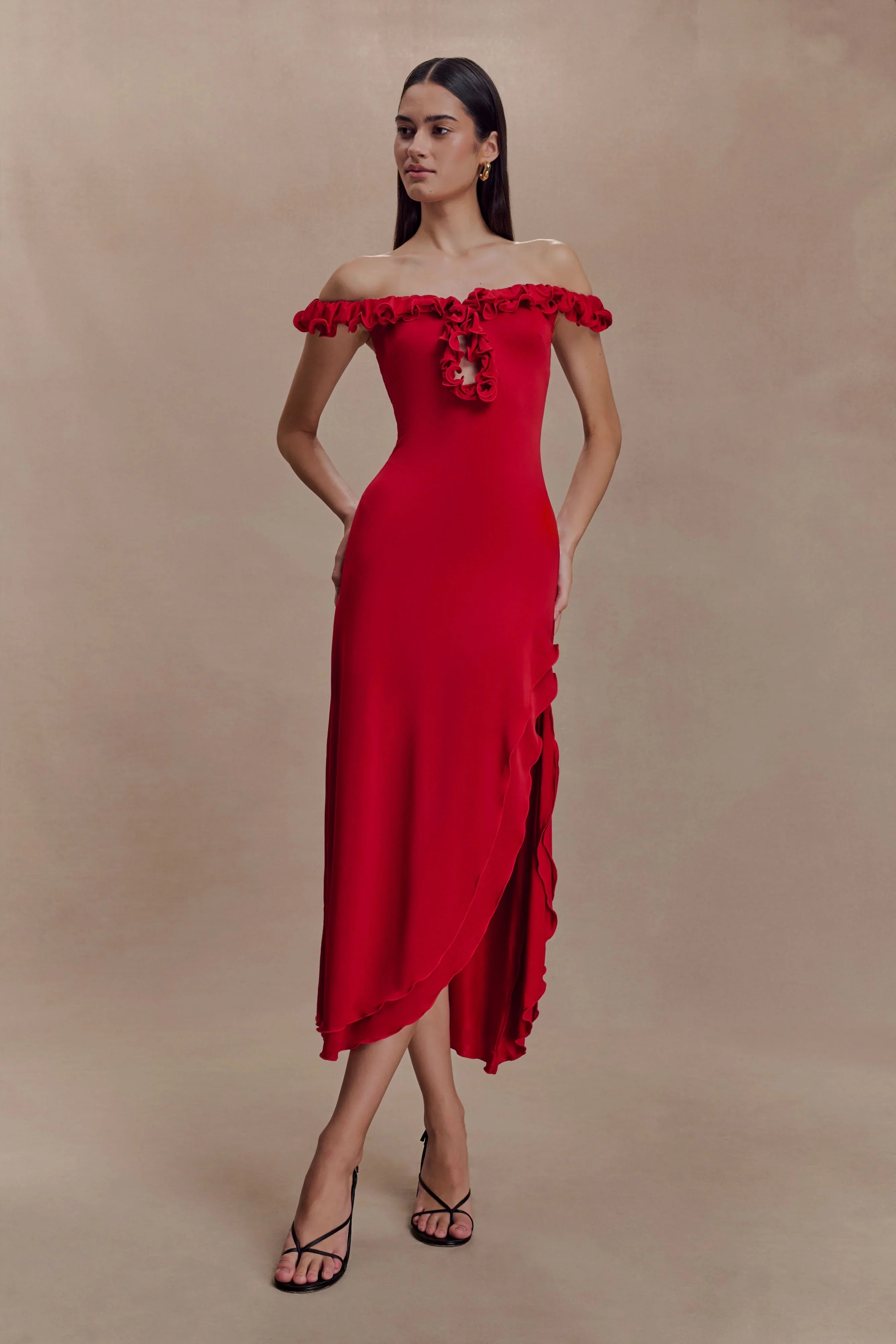 Allegra Off Shoulder Ruffle Midi Dress Ruby