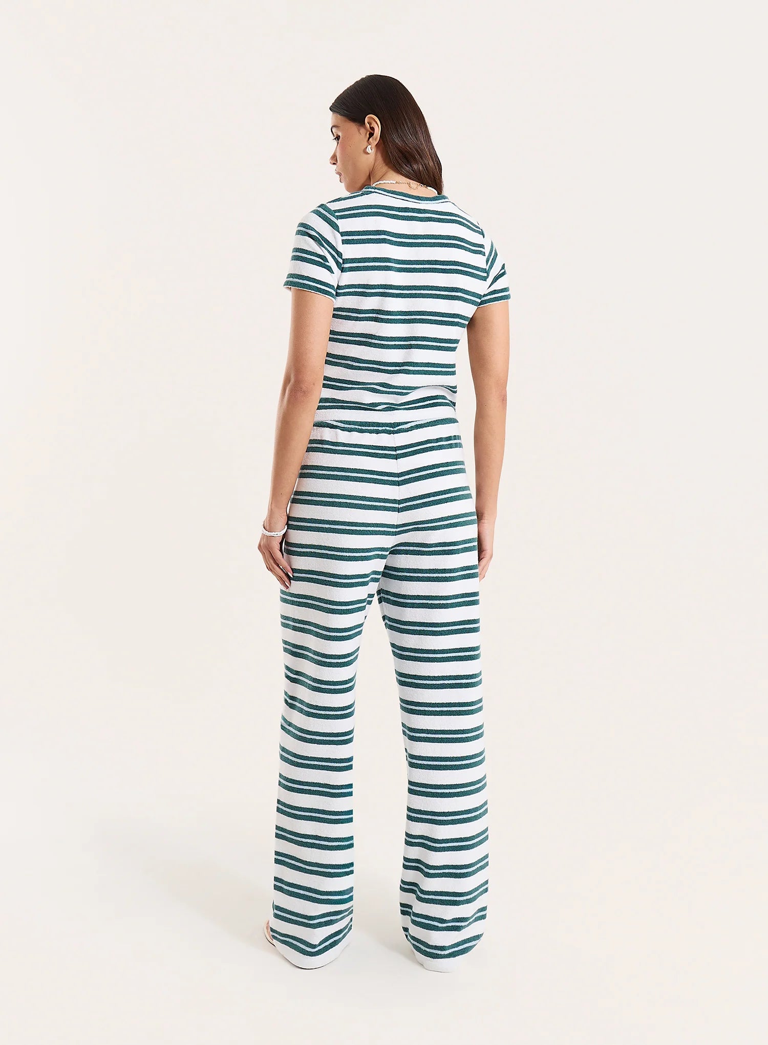 Green And White Stripe Towelling Short Sleeve Top