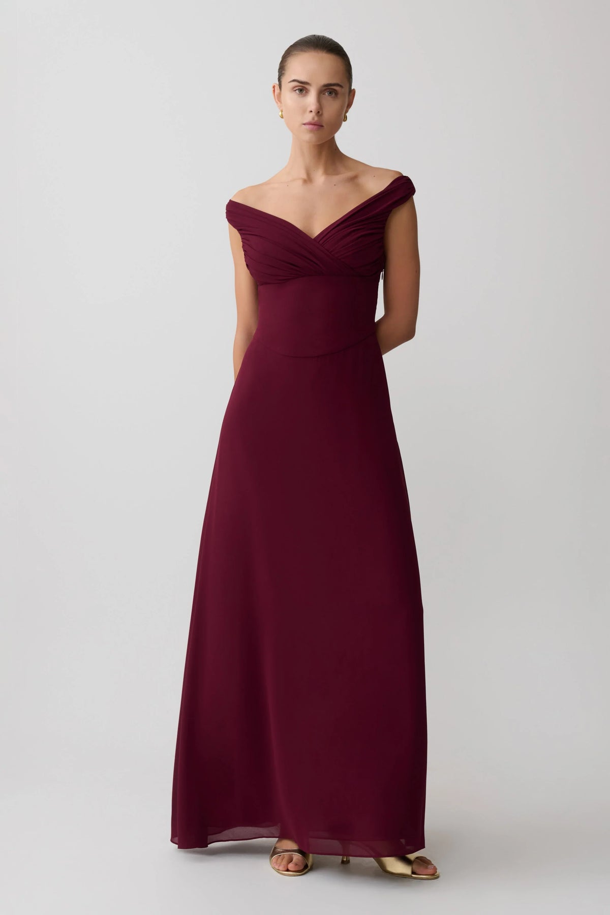 Mabel Off Shoulder Chiffon Maxi Dress Merlot