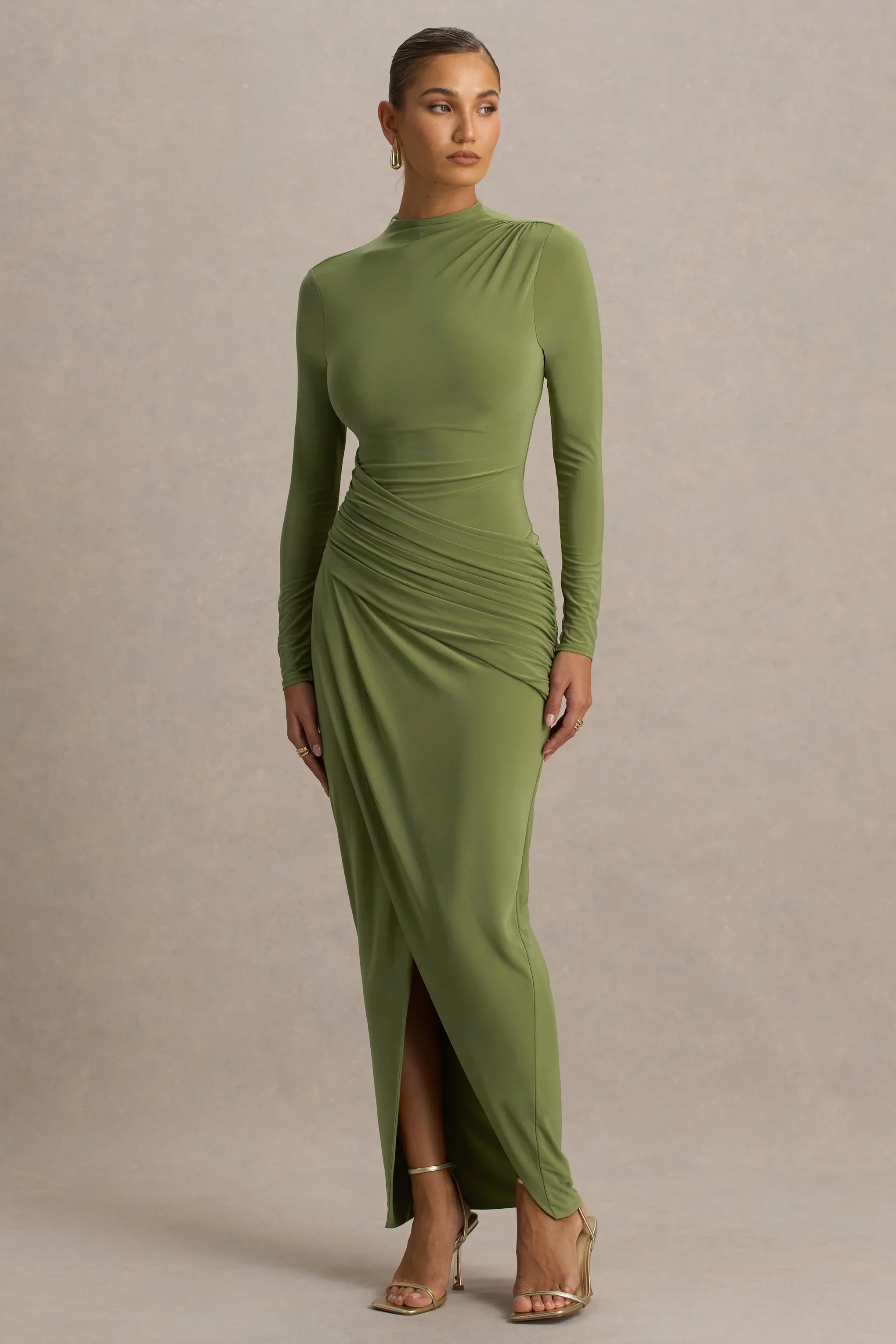 Zephyra Olive High Neck Wrapped Maxi Dress