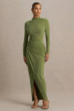 Zephyra Olive High Neck Wrapped Maxi Dress