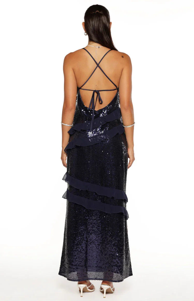Inara Navy Sequin Ruffle Maxi Dress