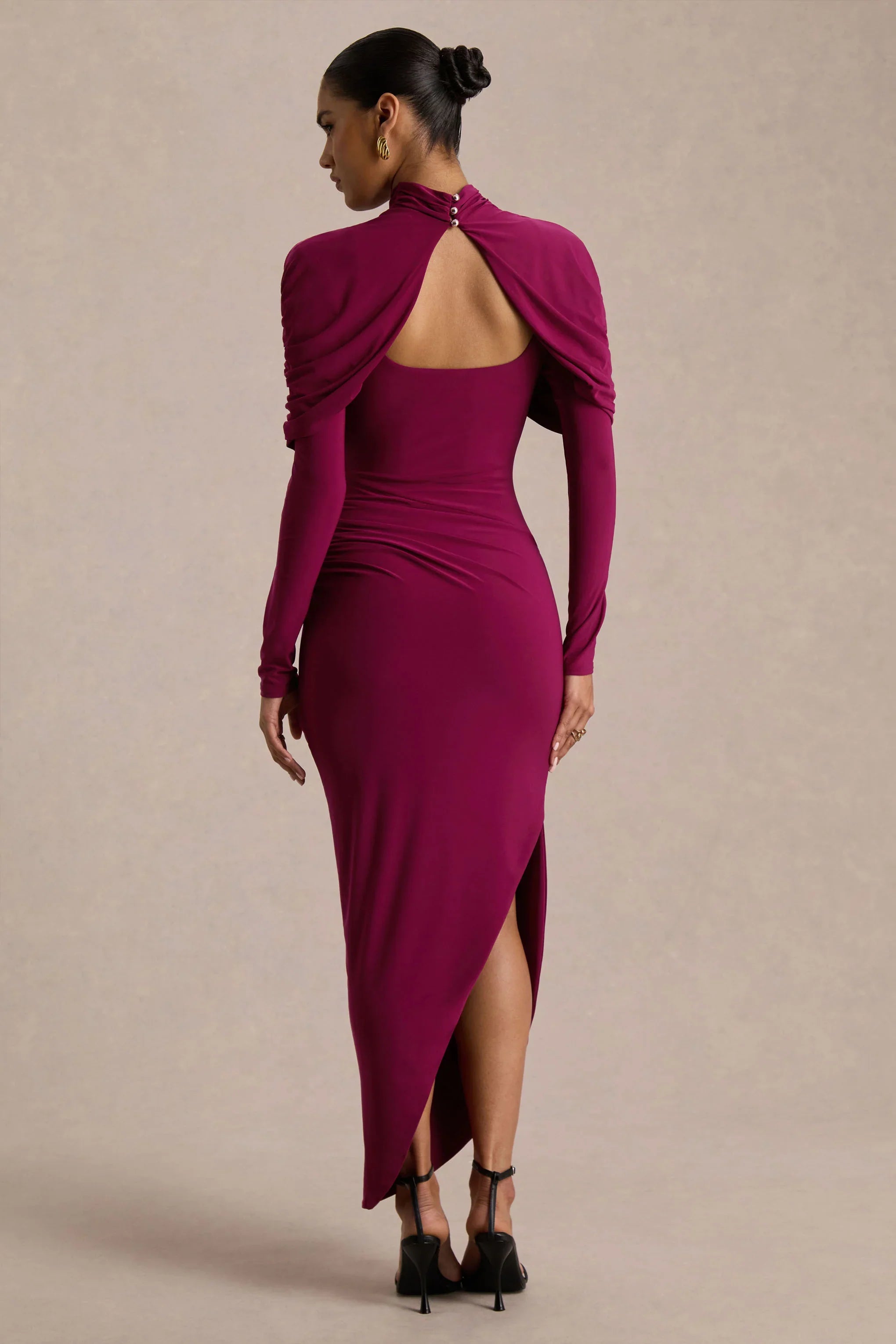 Aneira Burgundy High Neck Maxi Dress With Cape Sleeves