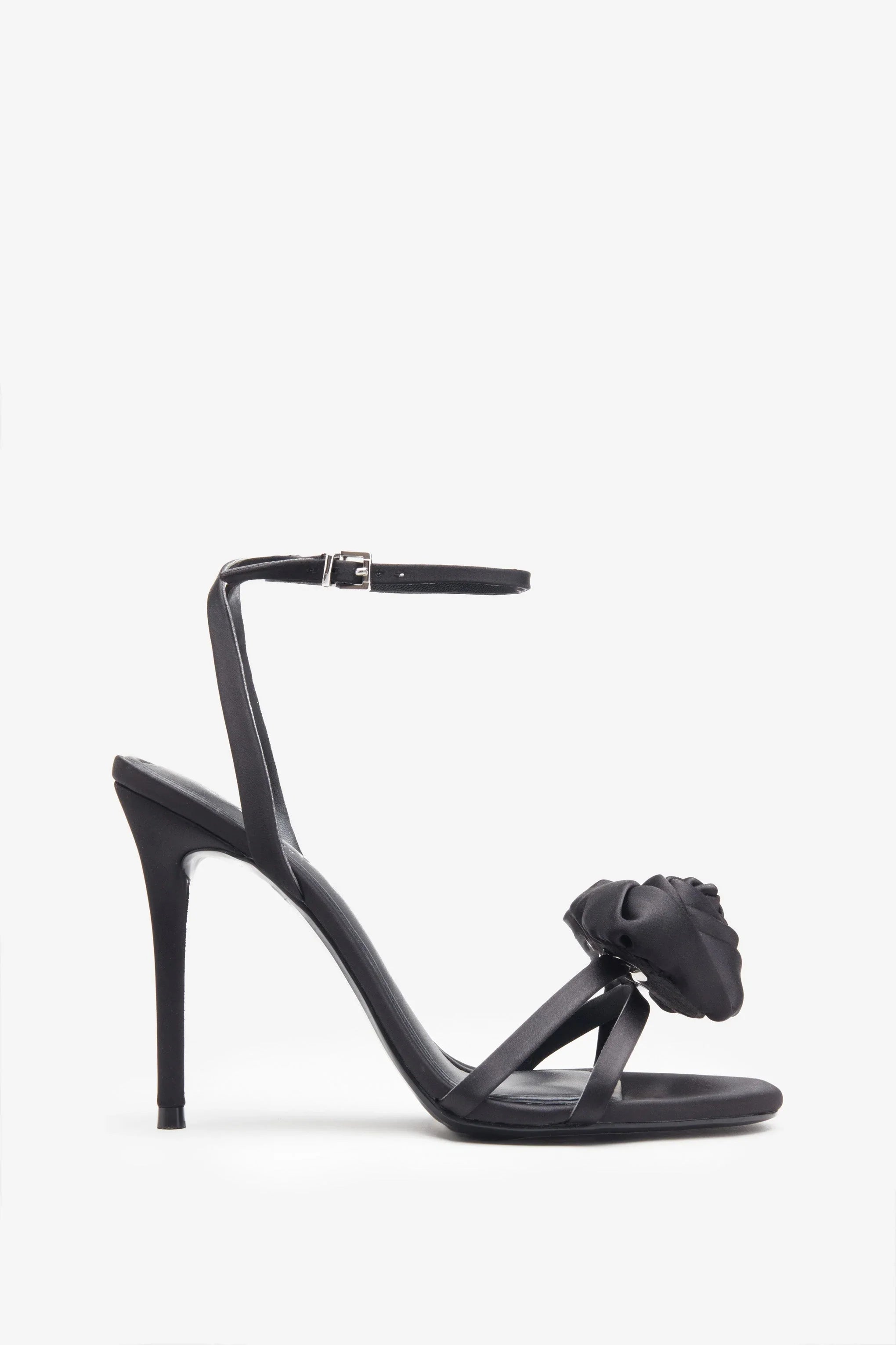 Sweet Step Black Satin Strappy Heeled Sandals With Flowers