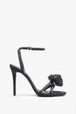 Sweet Step Black Satin Strappy Heeled Sandals With Flowers
