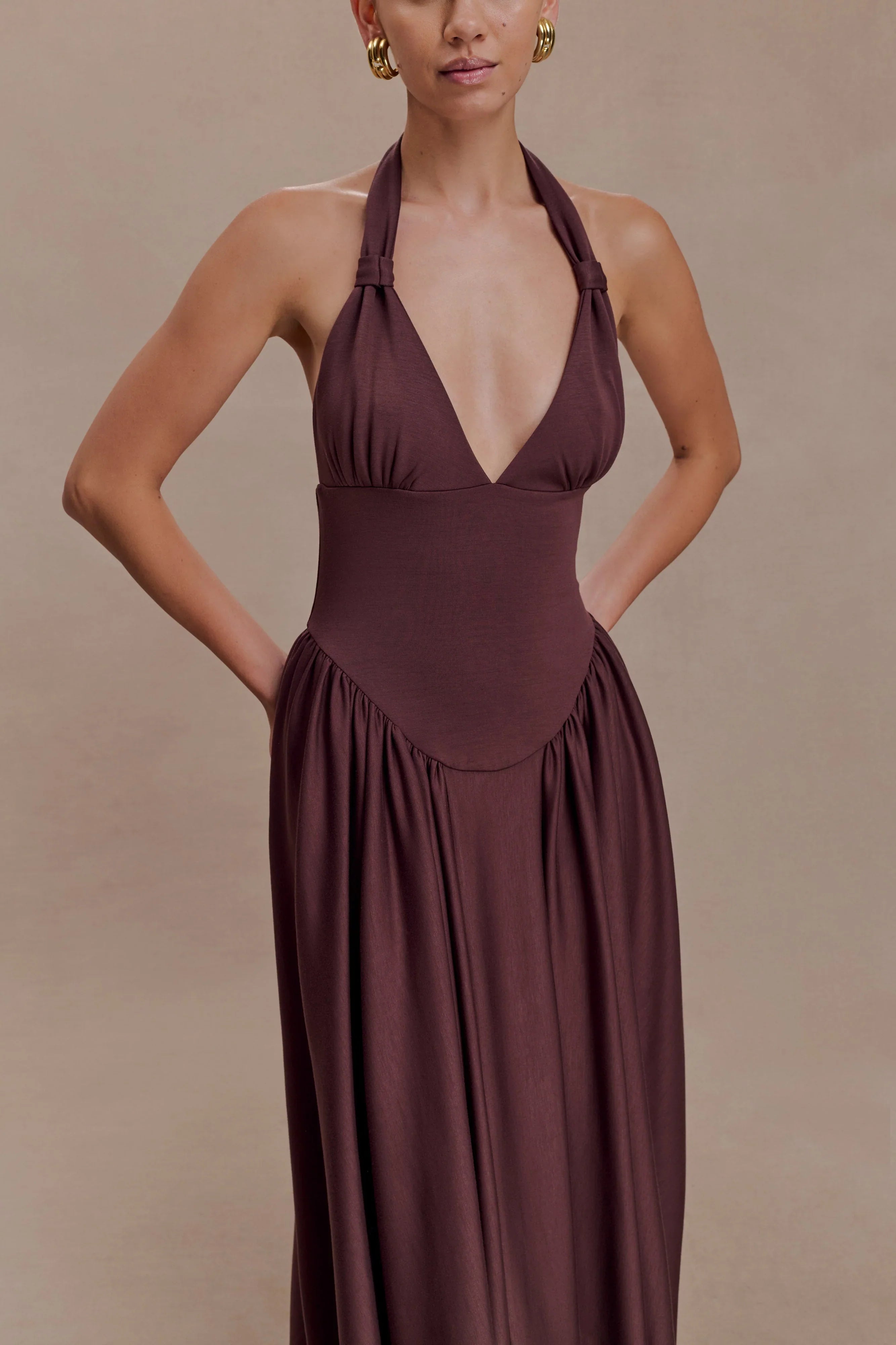 Angelina Scuba Halter Midi Dress Chocolate