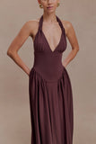 Angelina Scuba Halter Midi Dress Chocolate