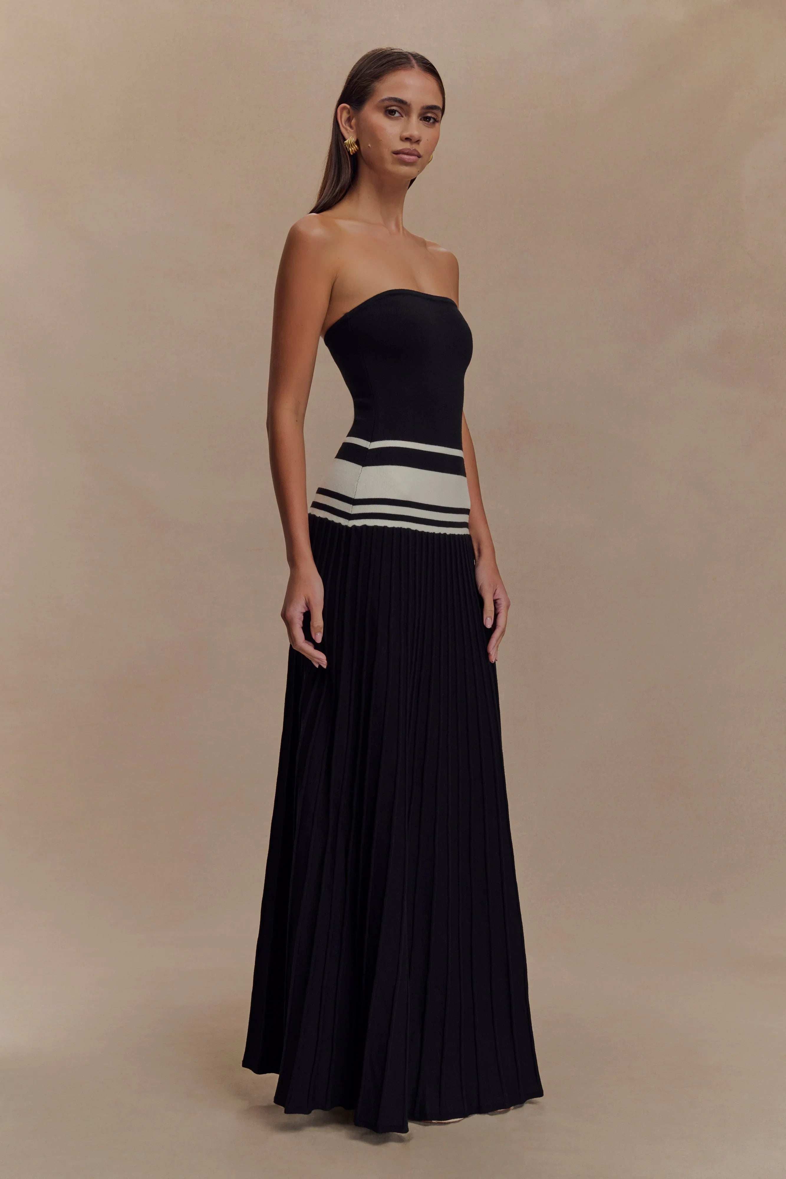 Solaris Strapless Contrast Knit Maxi Dress Black White