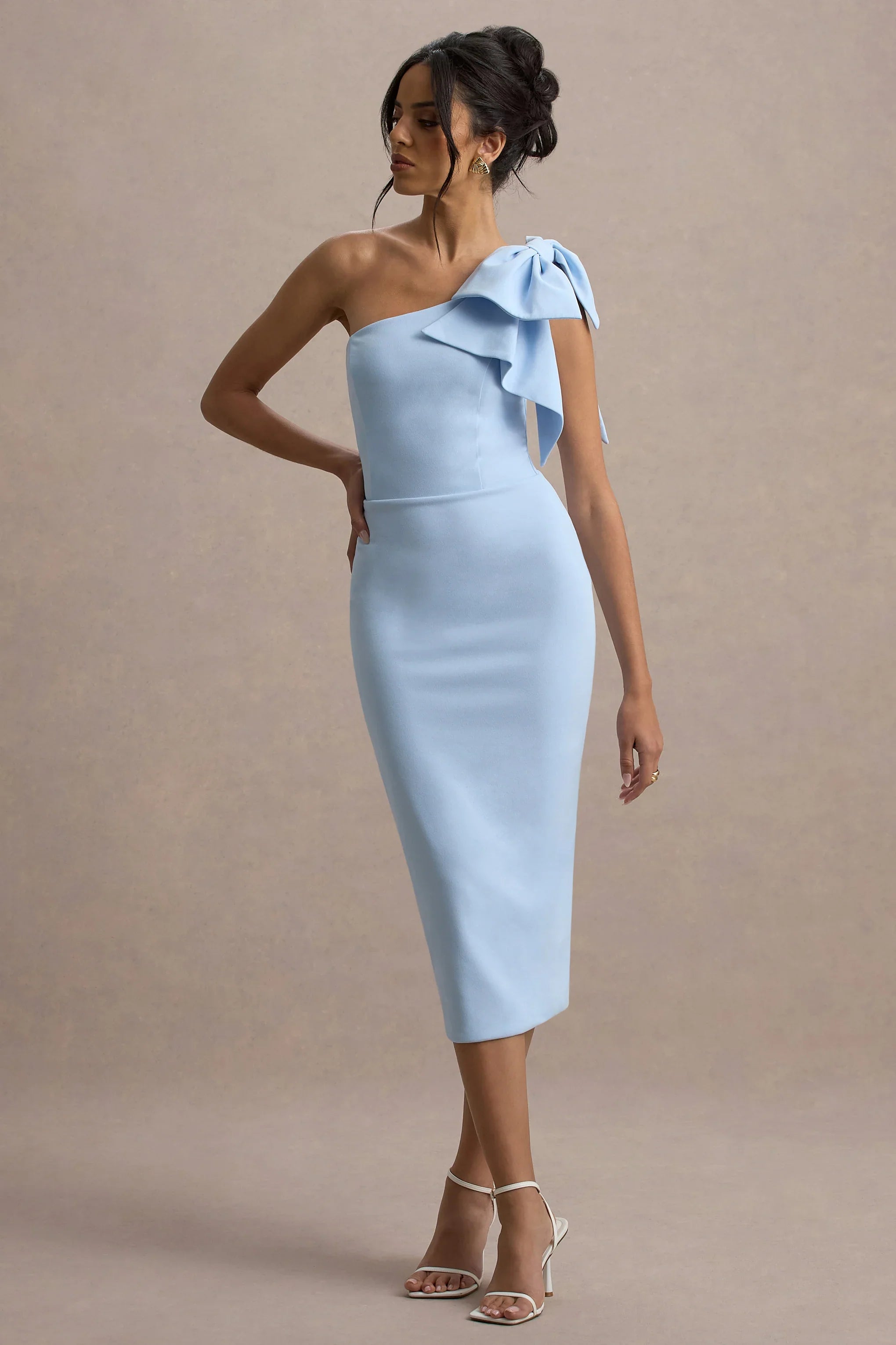 Ambretta Powder Blue One Shoulder Midi Dress With Bow