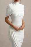 Enchant White Asymmetric Twisted Cape Midi Dress