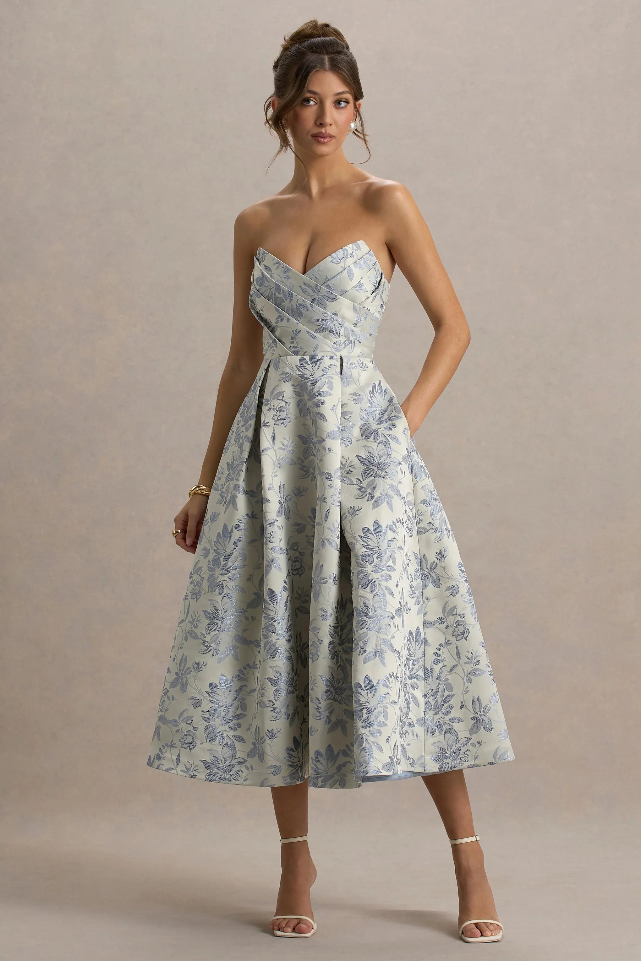 One Wish Light Blue Jacquard Sweetheart Midi Dress