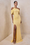Nala Lemon Asymmetric Neck Maxi Dress With Gathered Detailing