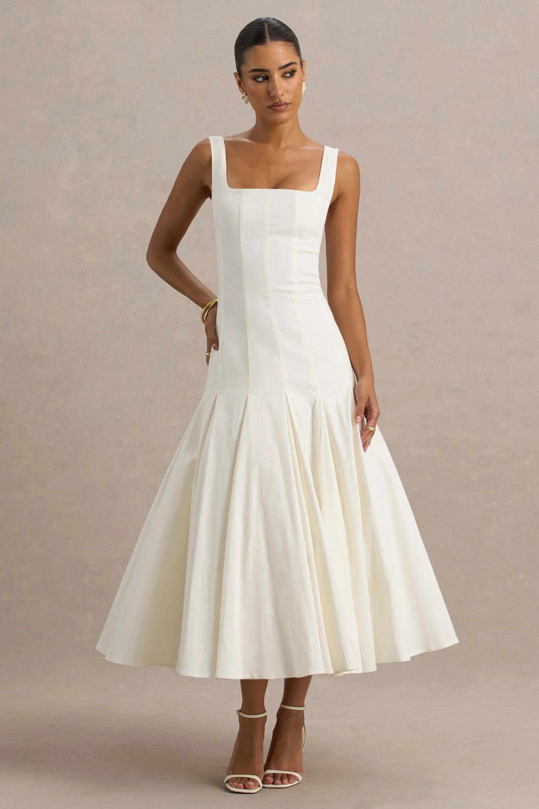Magnolia White Scoop Neck Midi Dress With Drop Waist And Ruffling Detail