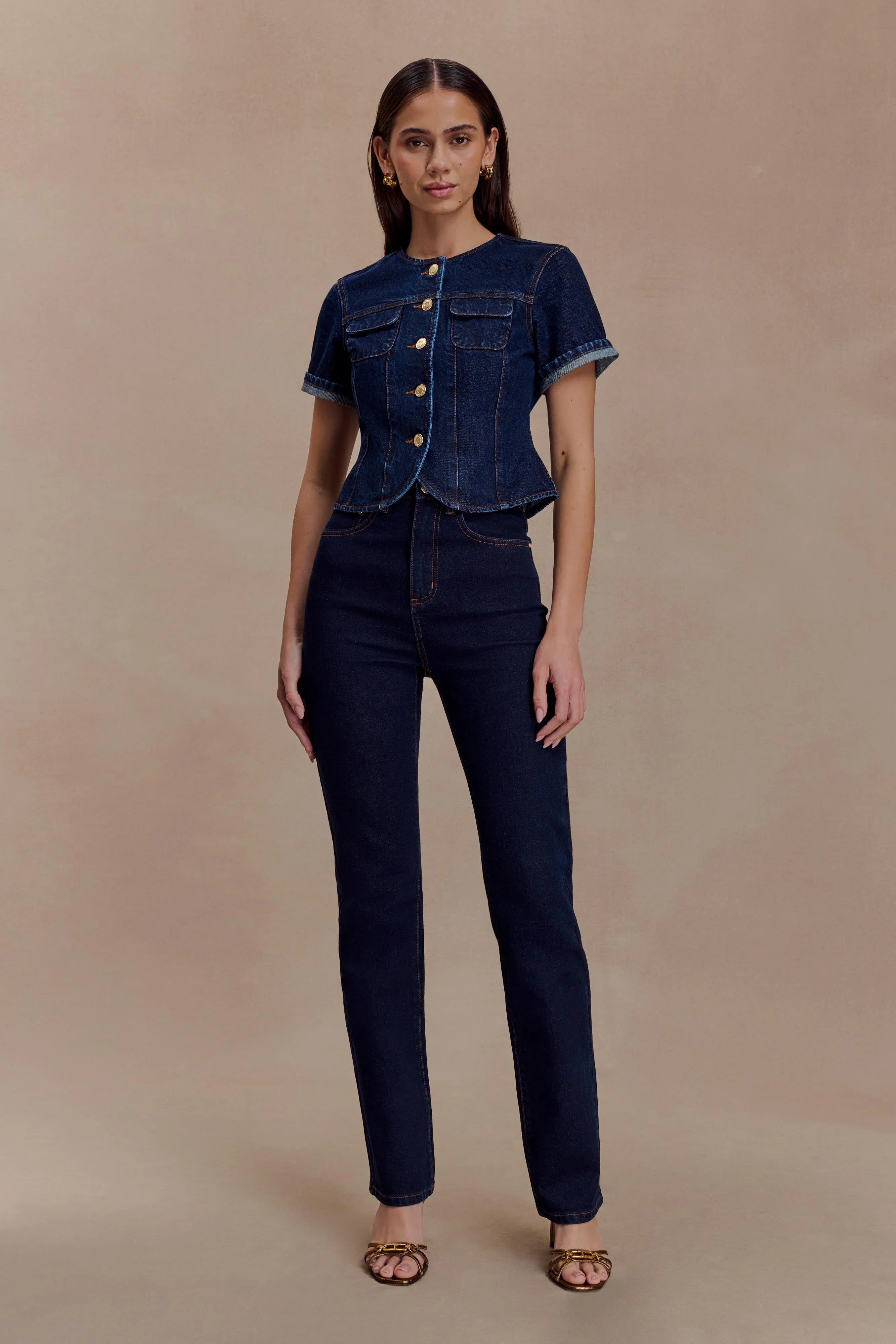 Marge Fitted Denim Short Sleeve Top Indigo Blue