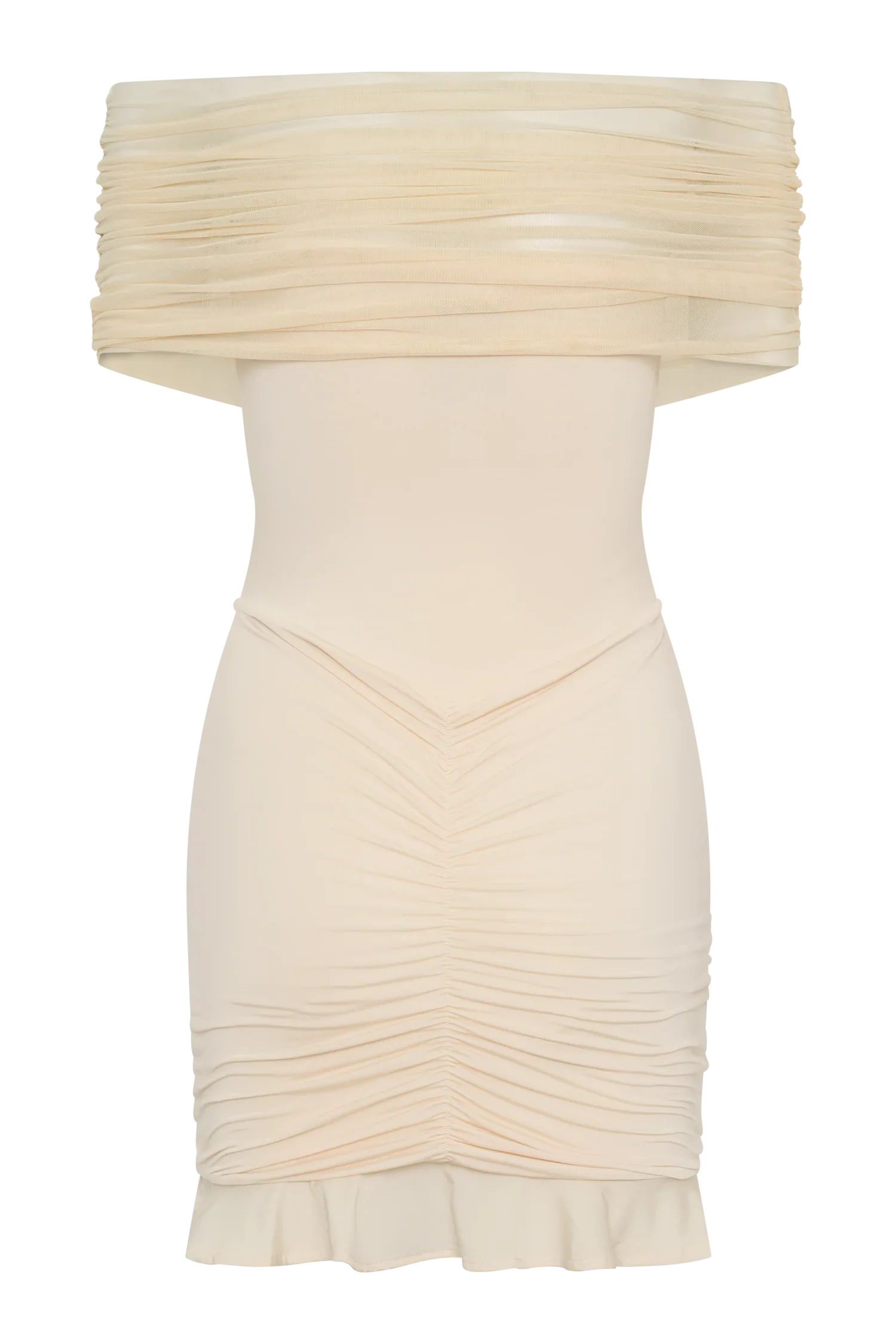 Caspian Slinky And Mesh Off Shoulder Mini Dress Ivory