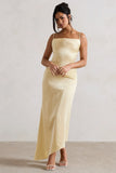 Santi Lemon Satin Cowl Neck Asymmetric Maxi Dress