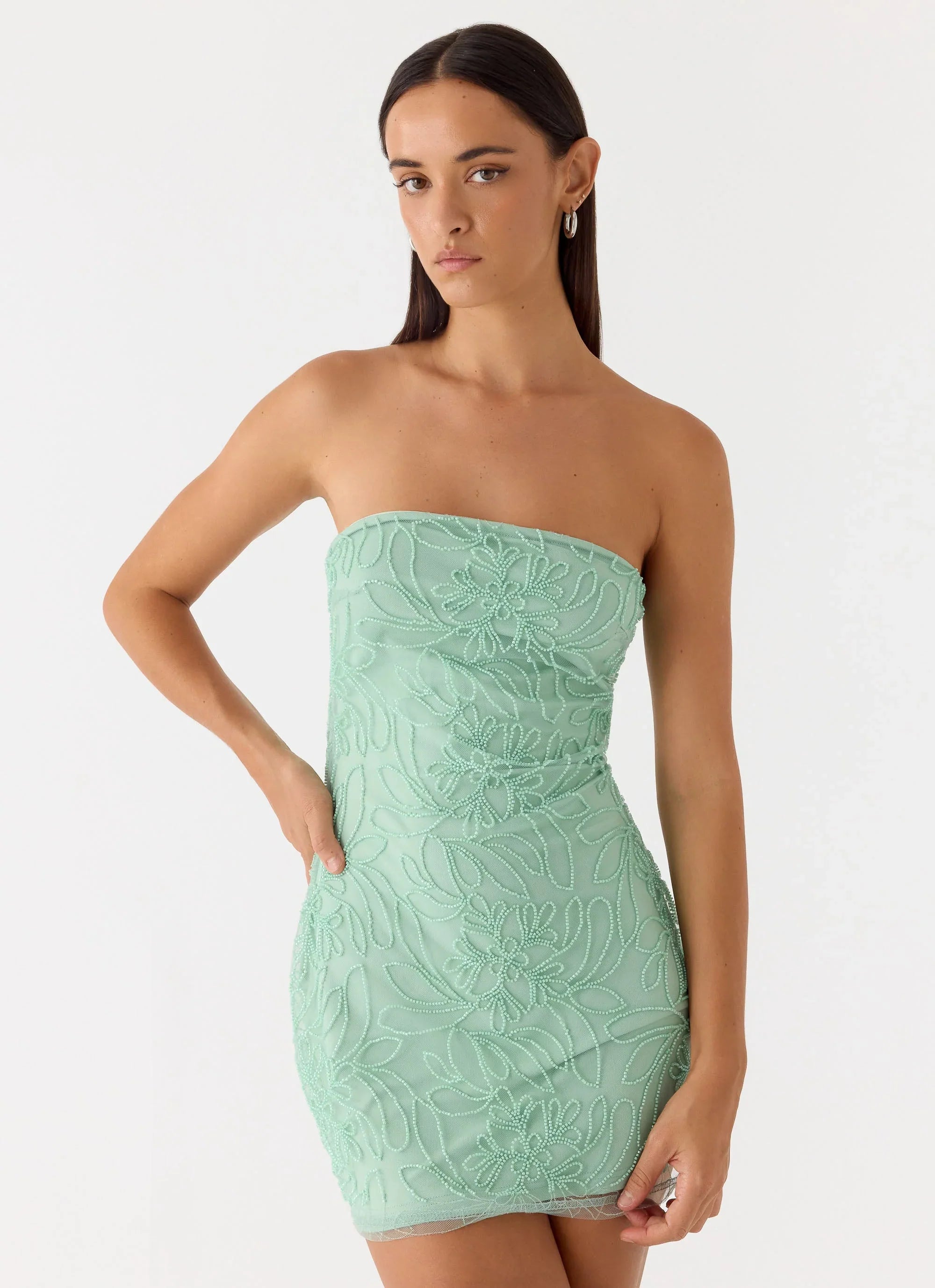 Dangerous Kind Beaded Mini Dress Sage